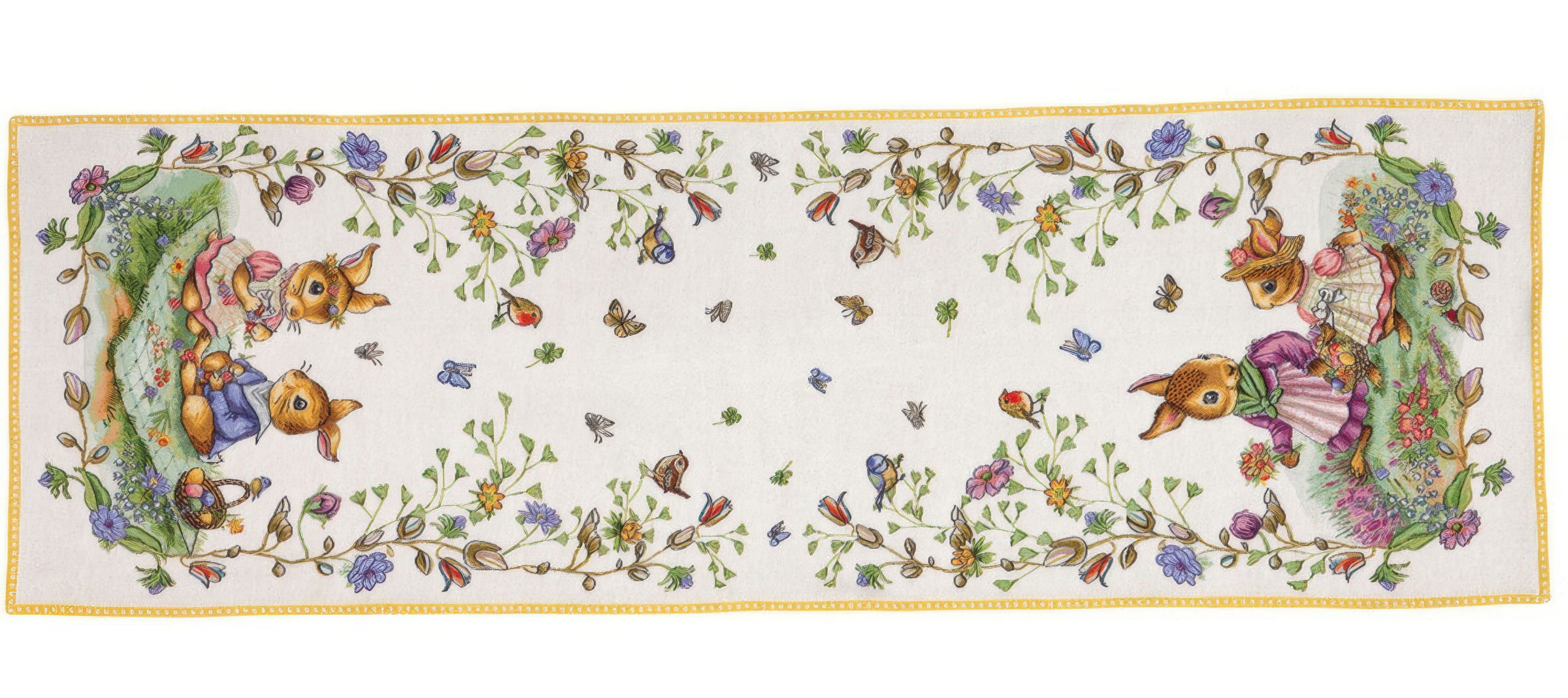 Ein Tischläufer mit bunten Tiermotiven, darunter zwei Füchse in Kleidung, umgeben von Blumen und Schmetterlingen.