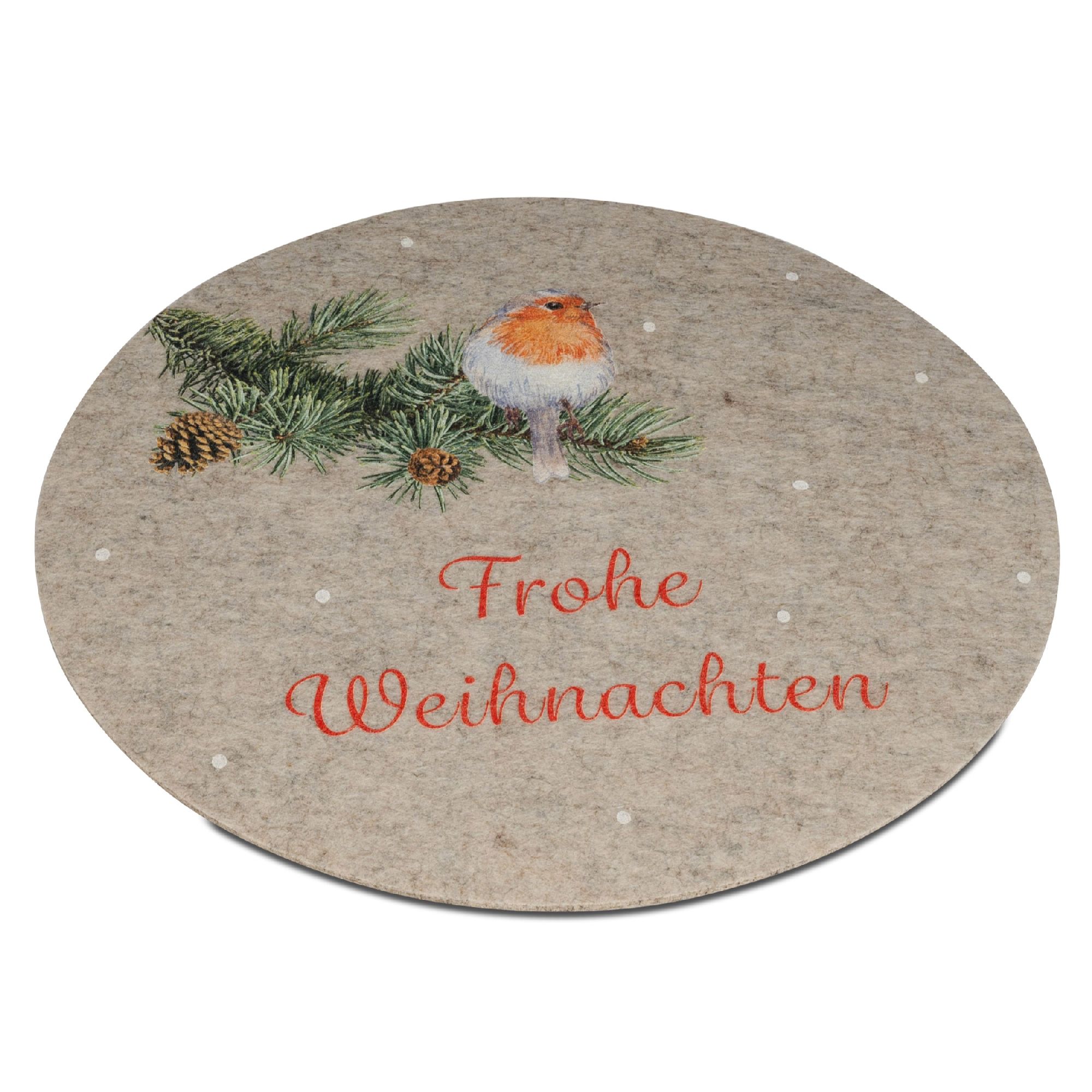 graues, rundes Platzset mit Rotkehlchen auf Zweig und Frohe Weihnachten Schrift