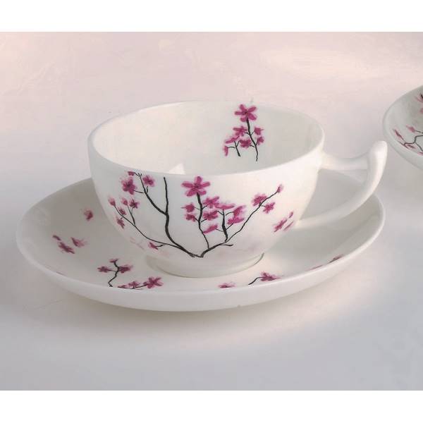 Tasse mit Untertasse CHERRY BLOSSOM Kirschblüten für 100ml weiß rosa von TEALOGIC