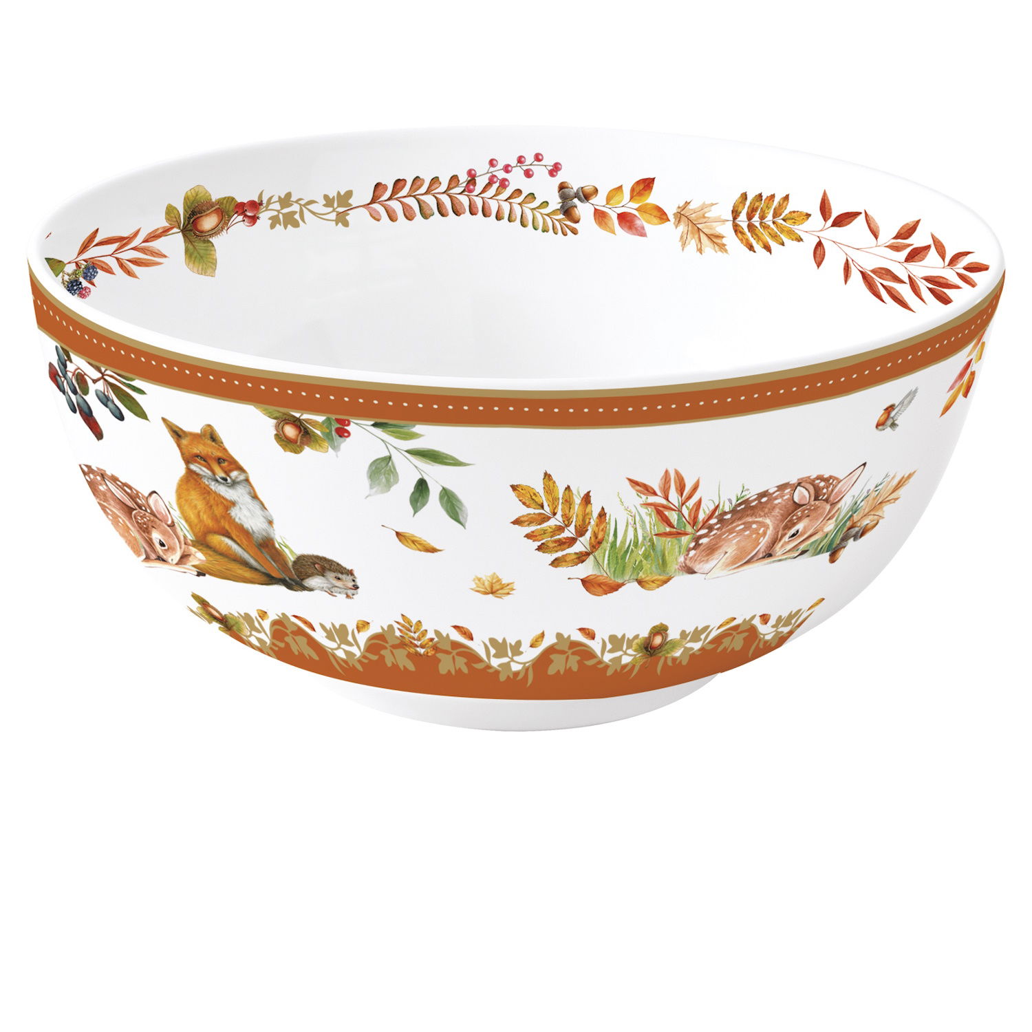 weiße Schale mit herblichem Blättermotiv, Fuch und schlafendem Reh