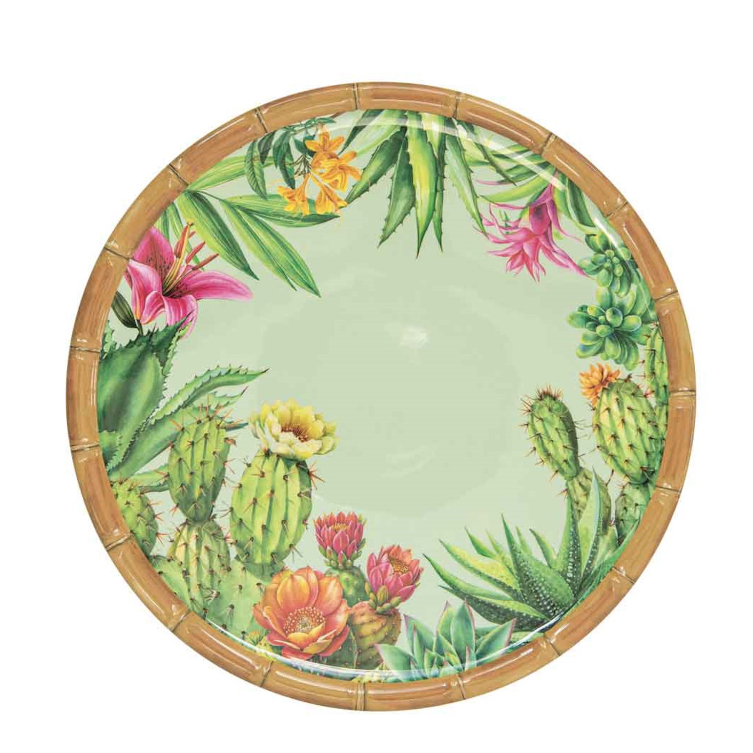 Runder Teller mit bunten Kaktus- und Pflanzenmotiven, umrandet von einem Bambusdesign. Hintergrund i