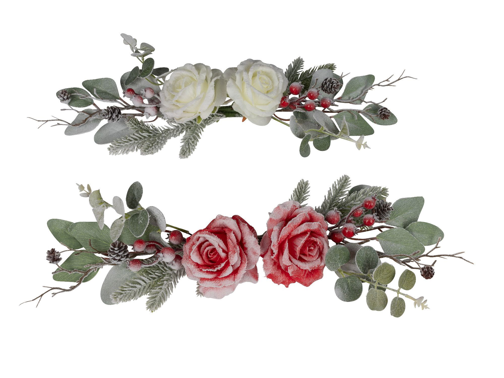 Zwei dekorative Blumenarrangements: oben weiße und grüne, unten rote Rosen mit Tannenzweigen und Bee