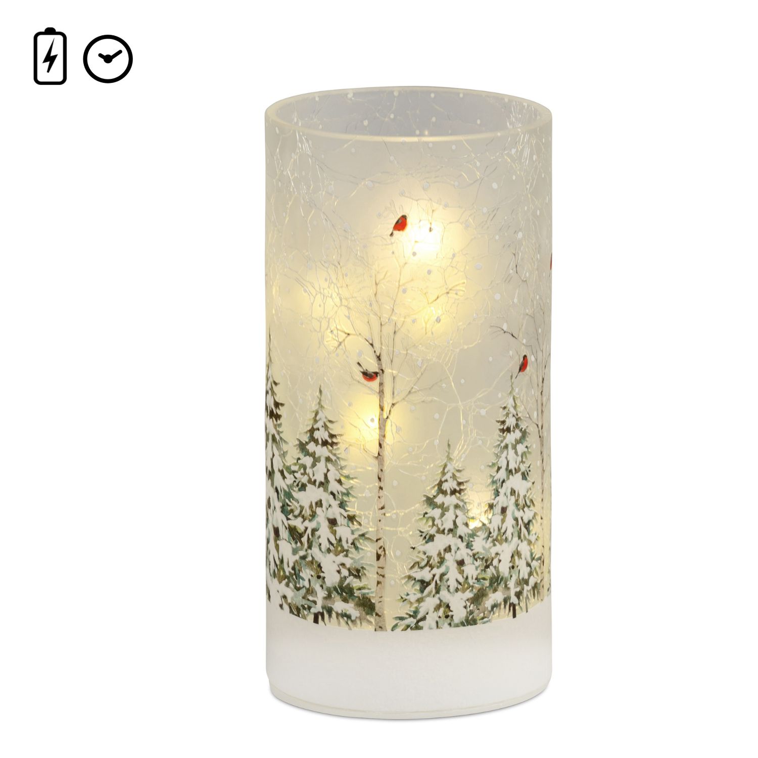 Zylindrische Leuchte mit winterlichem Waldmotiv, Schneeflocken und roten Vögeln