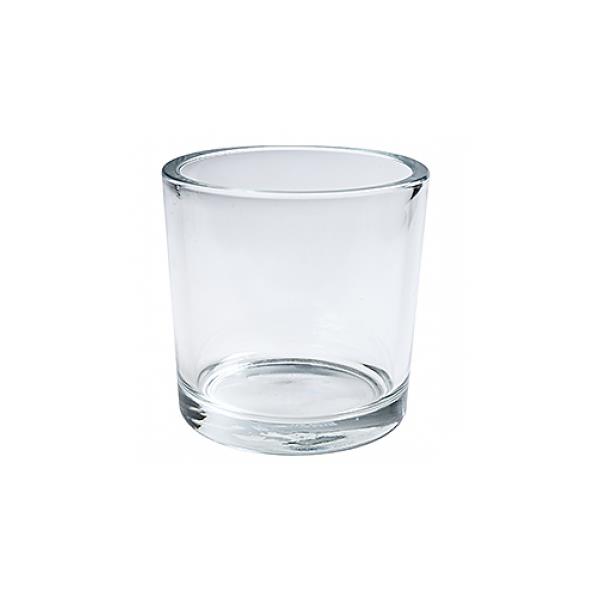 Ein transparenter, runder Glasbehälter ohne Deckel, mit flachem Boden und gleichmäßiger Wandstärke.