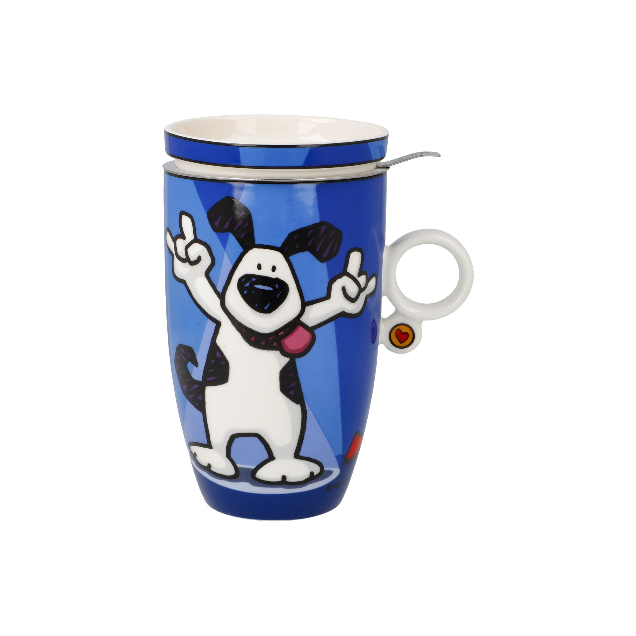 Bunte Tasse mit einem fröhlichen Hundemotiv, der die Pfoten hebt. Die Tasse hat einen blauen Hintergrund und einen Henkel.