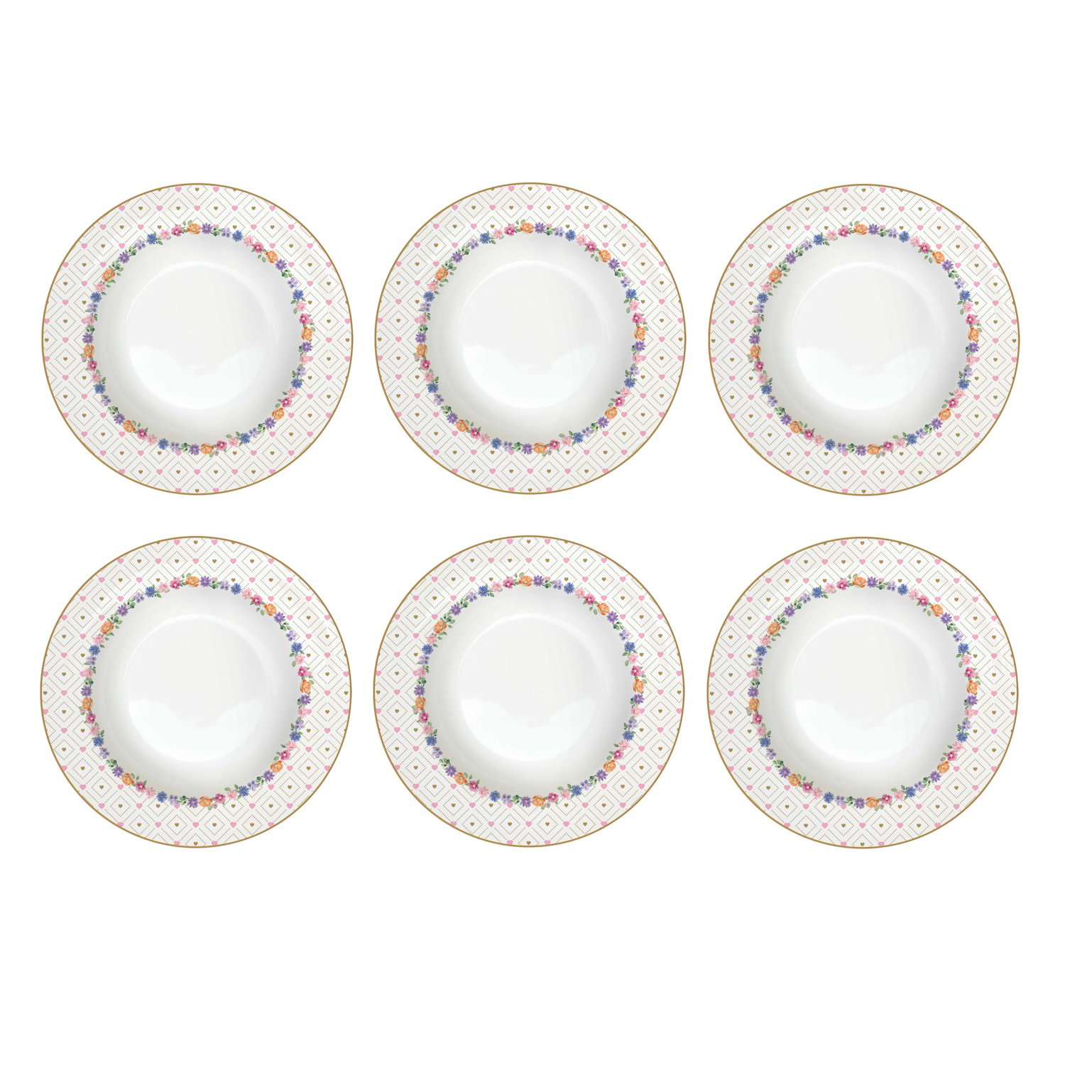 Sechs flache Teller mit buntem Blumenmuster und goldenen Rändern, gleichmäßig angeordnet.