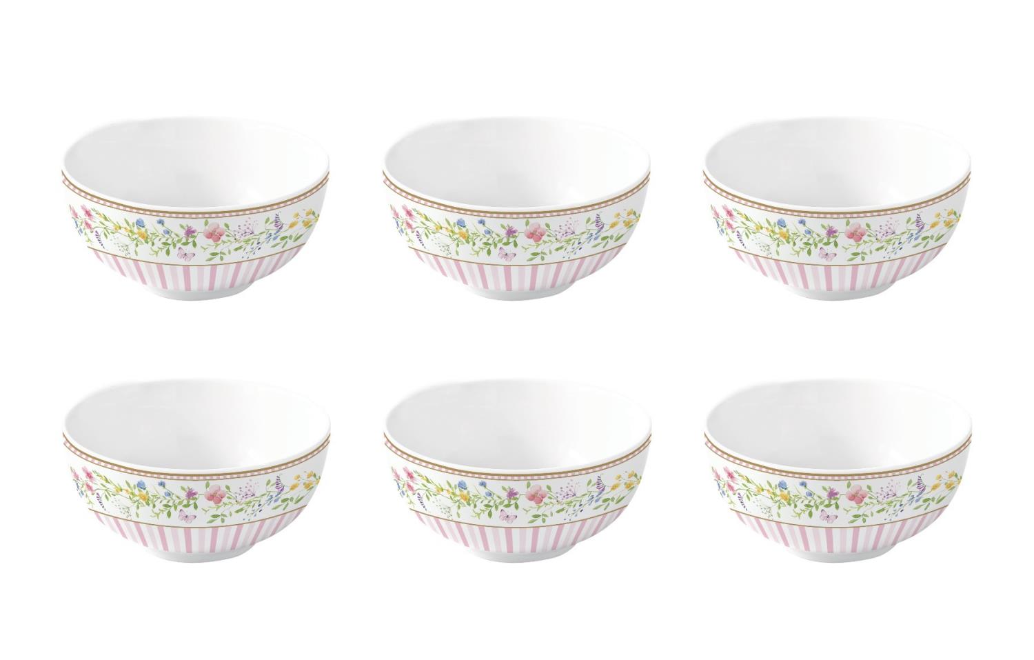 Sechs weiße Schalen mit buntem Blumenmuster und pinken Streifen am Rand, gleichmäßig angeordnet.