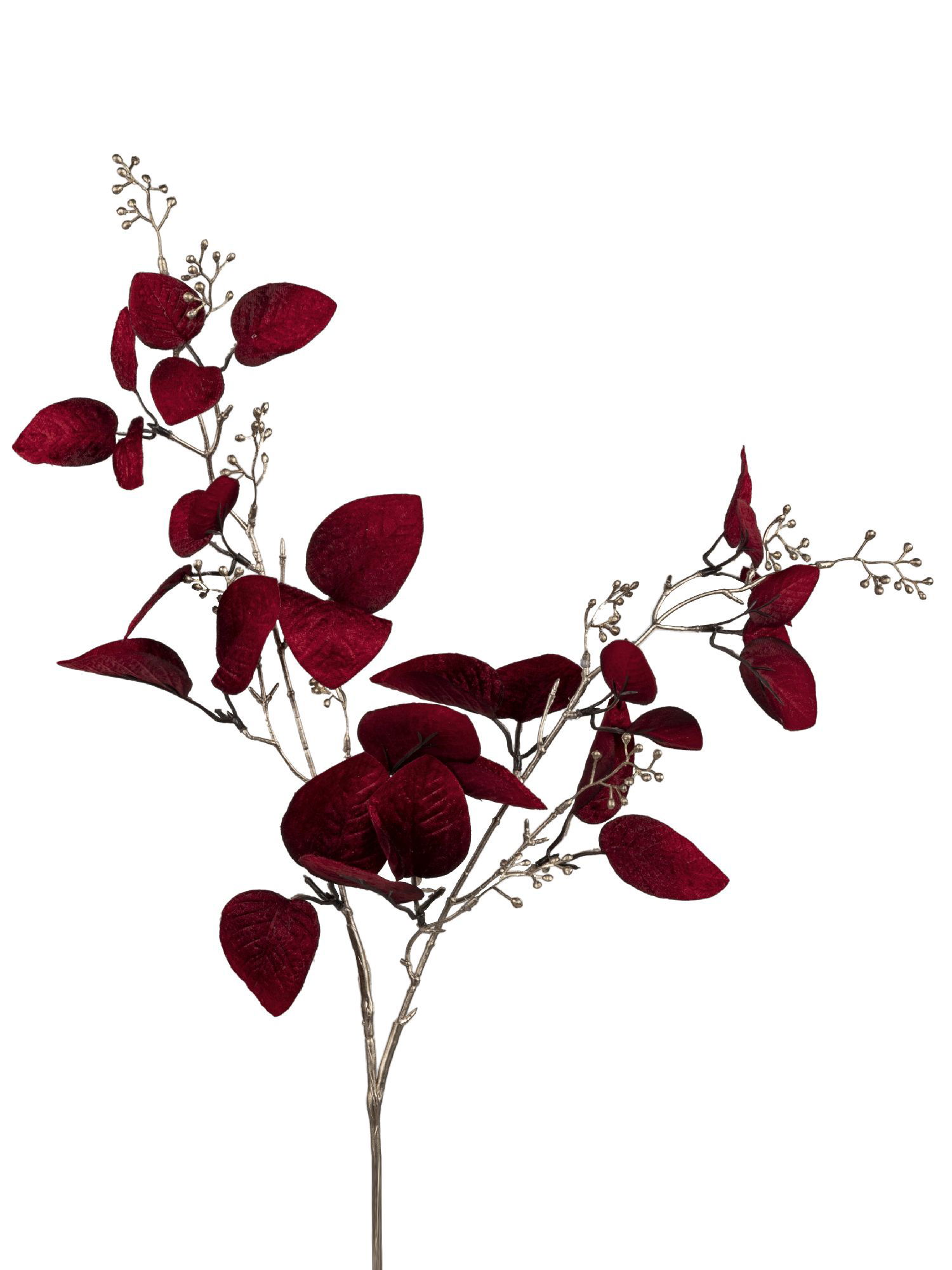 Rote Blätter und kleine Zweige mit goldenen Knospen auf einem hellen Hintergrund