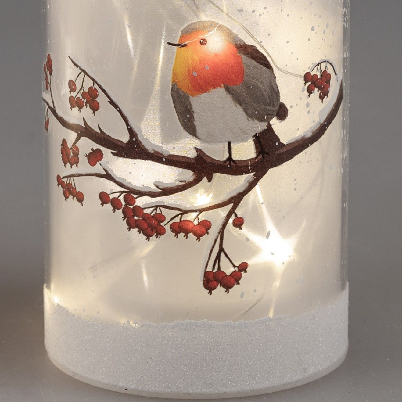 Ein Vogel mit orangefarbener Brust sitzt auf einem Ast mit roten Beeren. Der Hintergrund ist hell un