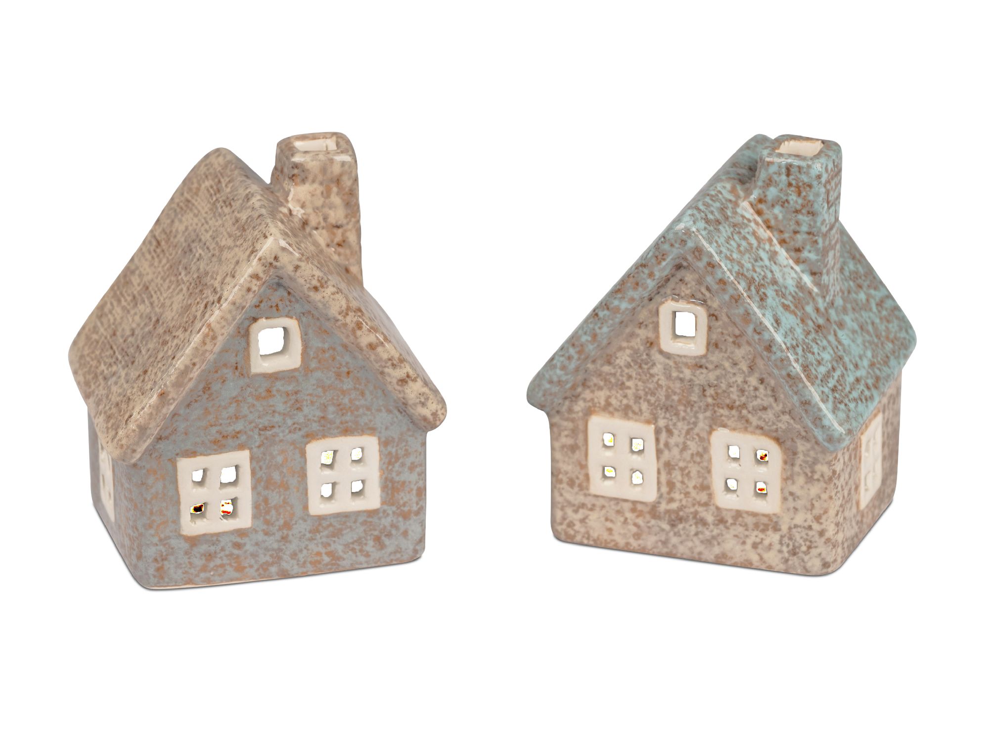 Zwei kleine, dekorative Häuser aus Keramik in verschiedenen Farben, mit Fenstern und einem schrägen