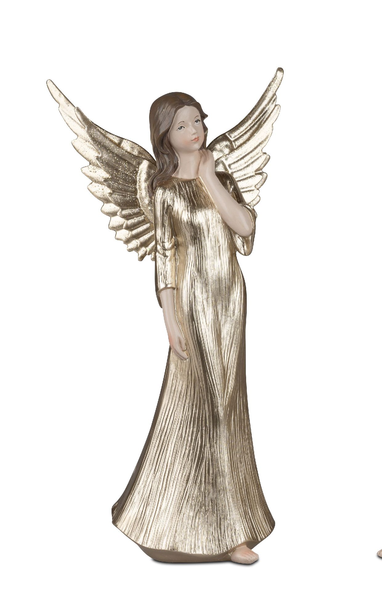 Eine goldene Engelstatue mit langen Flügeln und einem langen Kleid, die eine nachdenkliche Pose einn