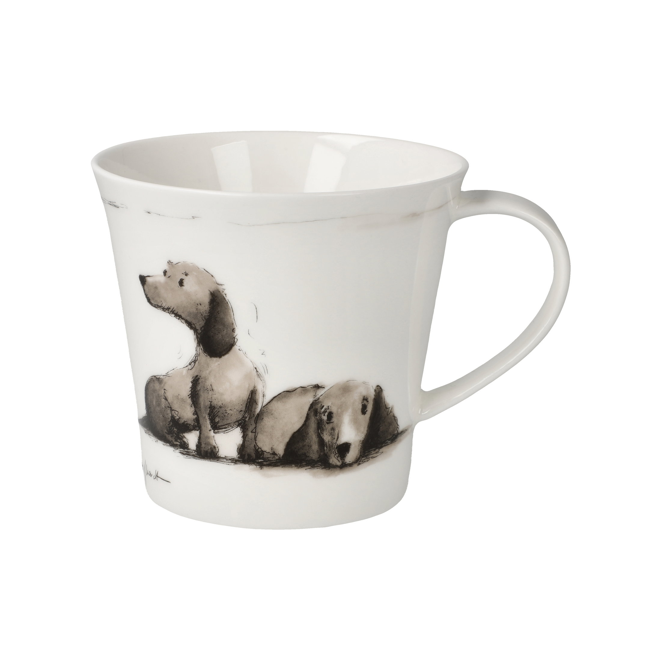 Weißer Becher mit grauen Hundemotiven, einer sitzenden und einer liegenden Darstellung. Der Becher hat einen geschwungenen Henkel.
