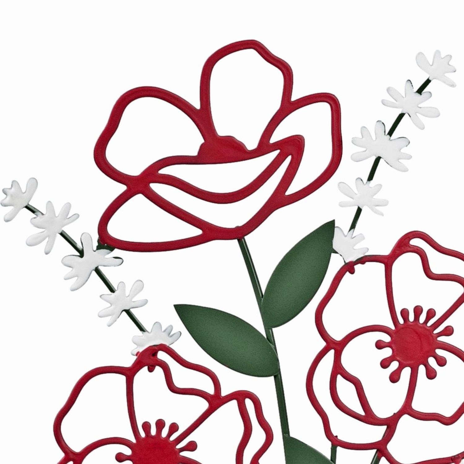 Stilisiertes Blumenmotiv mit roten Umrissblüten, weißen Akzenten und grünen Blättern
