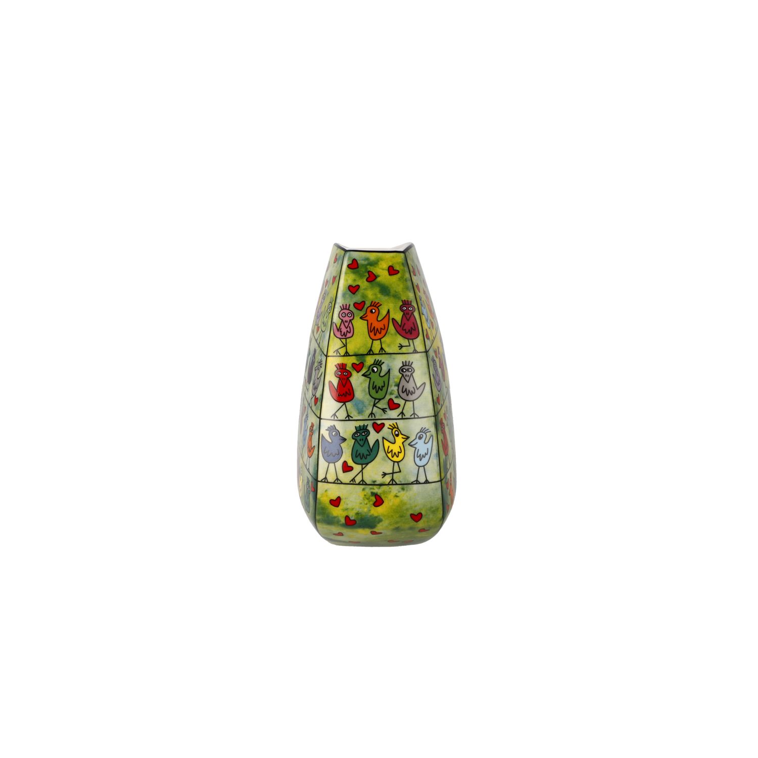 Bauchige Vase mit bunten Hühnerillustrationen und roten Herzen auf grünem Grund