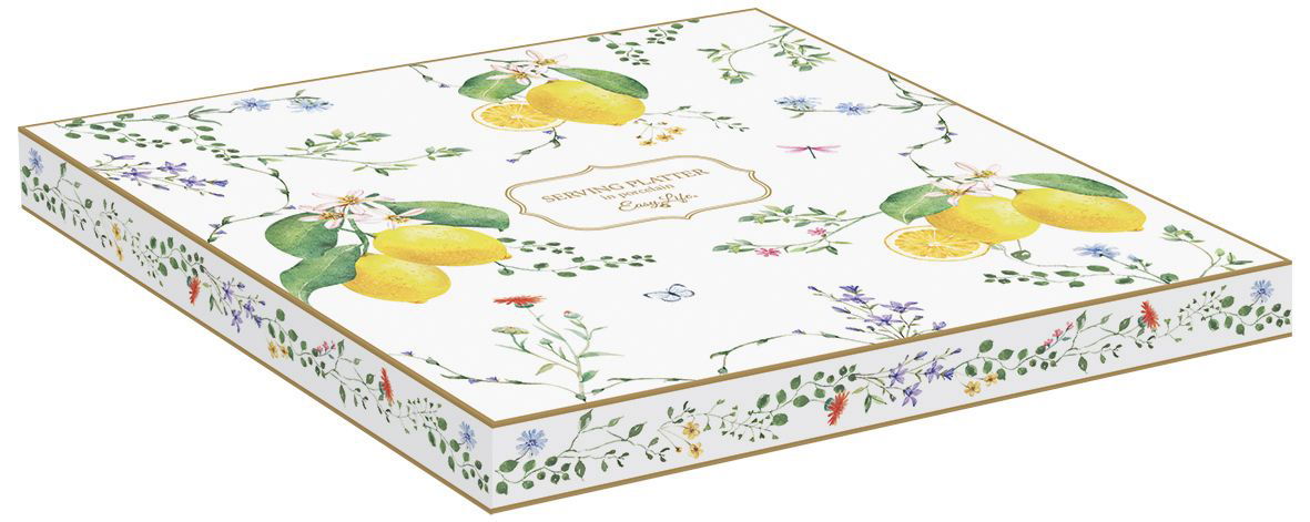 Schachtel mit floralem Design, gelben Zitronen und bunten Blumenmotiven, goldener Umrandung und dem Schriftzug „Serving Platter“.