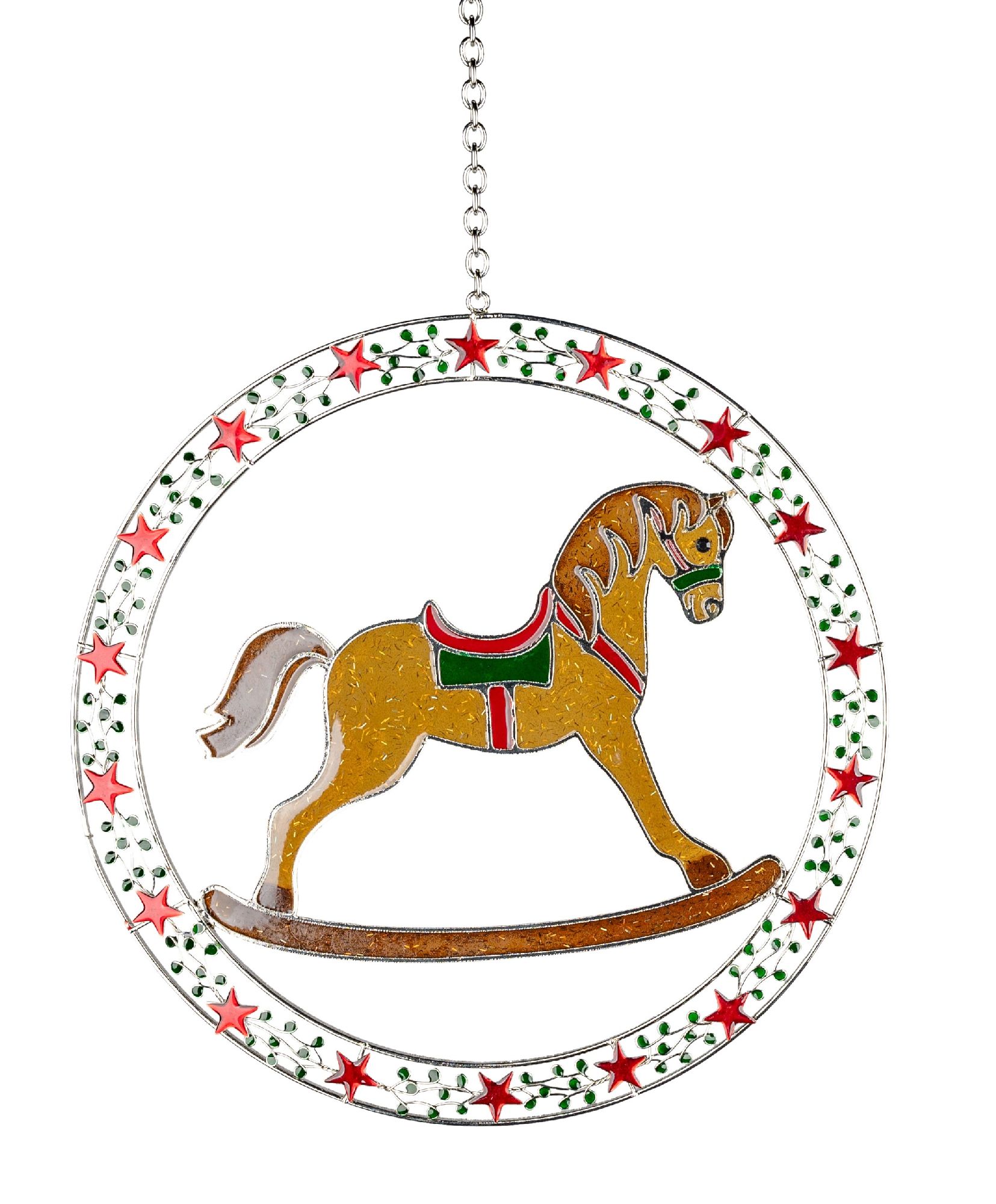 Buntes Fensterbild eines Schaukelpferdes in einem runden Rahmen mit roten Sternen und grünen Blätter