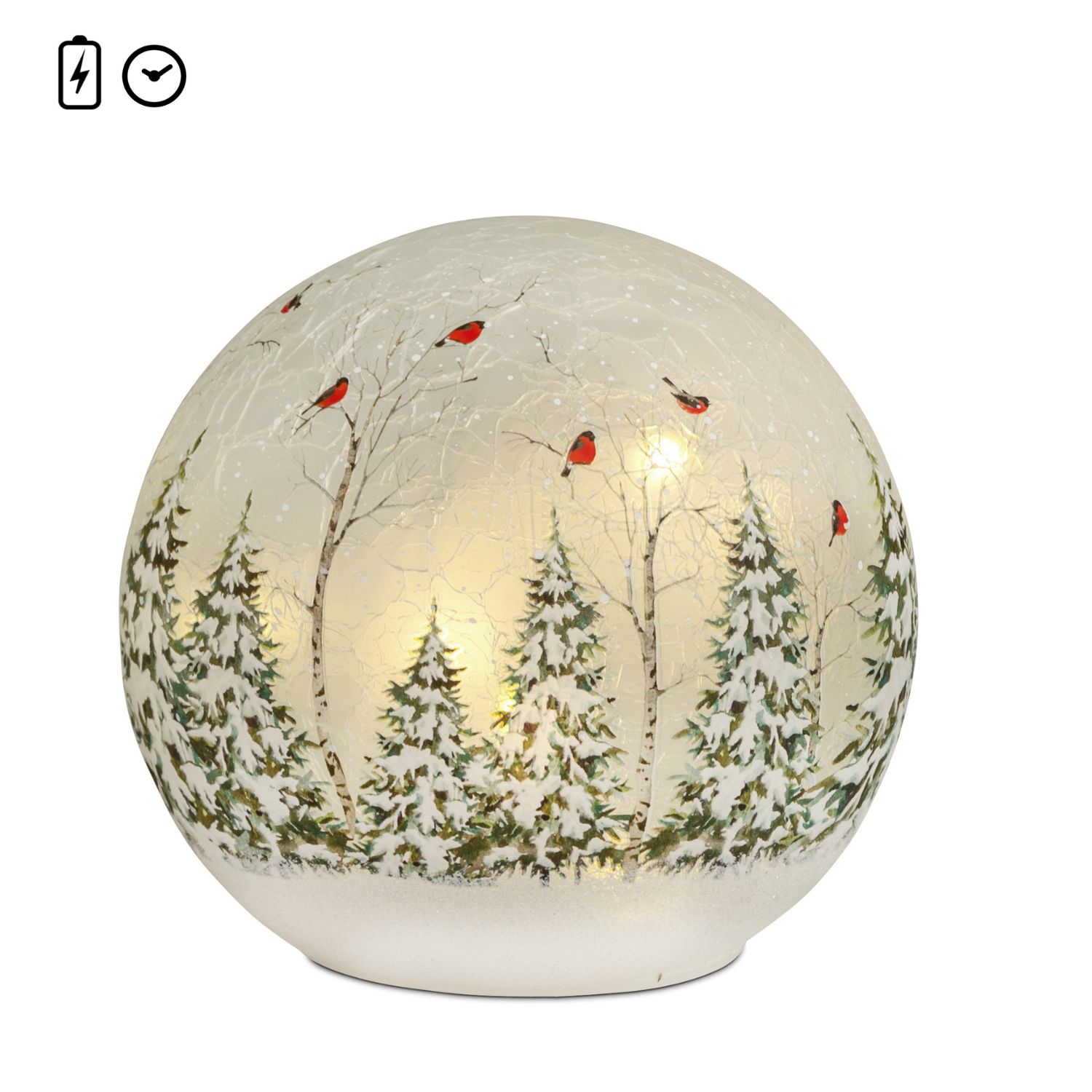 Leuchtkugel mit winterlichem Waldmotiv und roten Vögeln auf verschneiten Bäumen