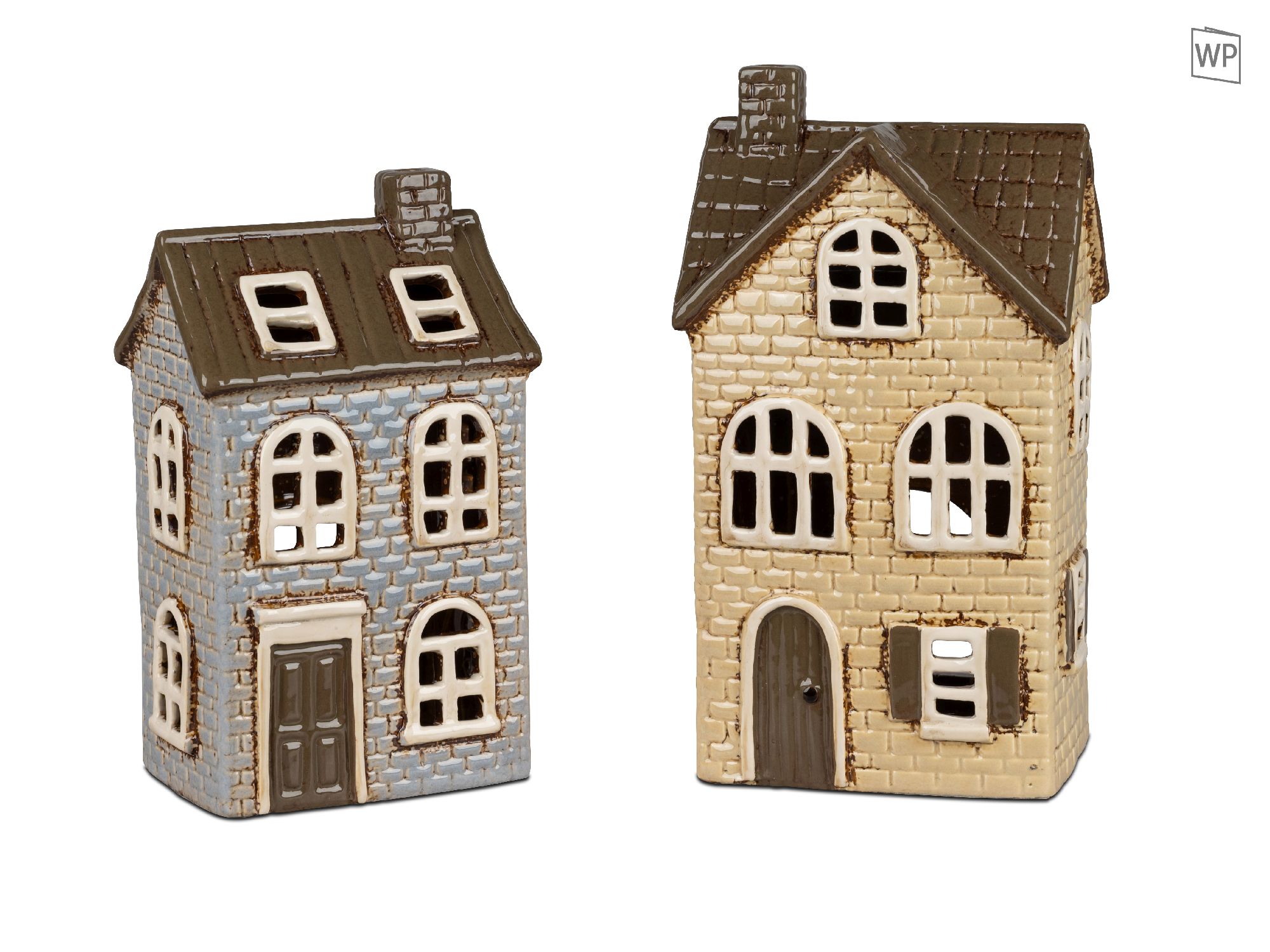 2er Set Teelichthalter Häuser H. 24cm grau creme braun aus Steinzeug Formano
