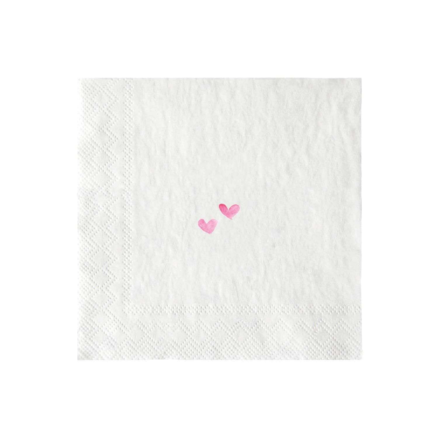 Weiße Serviette mit zwei rosa Herzen und geprägtem Randmuster