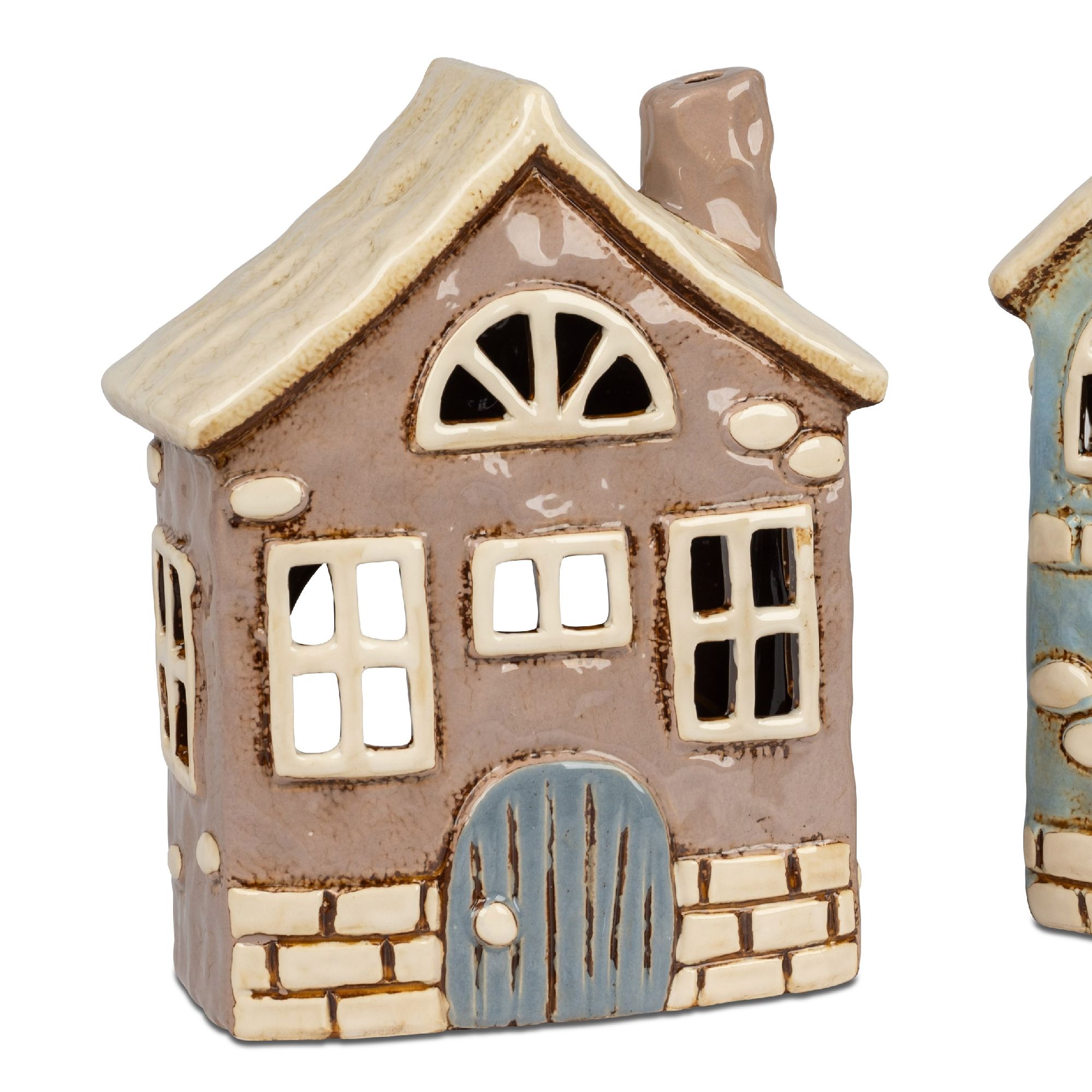 Zwei dekorative Häuser aus Keramik, eines in Braun mit Fenster und Tür, das andere in Blau mit ähnli