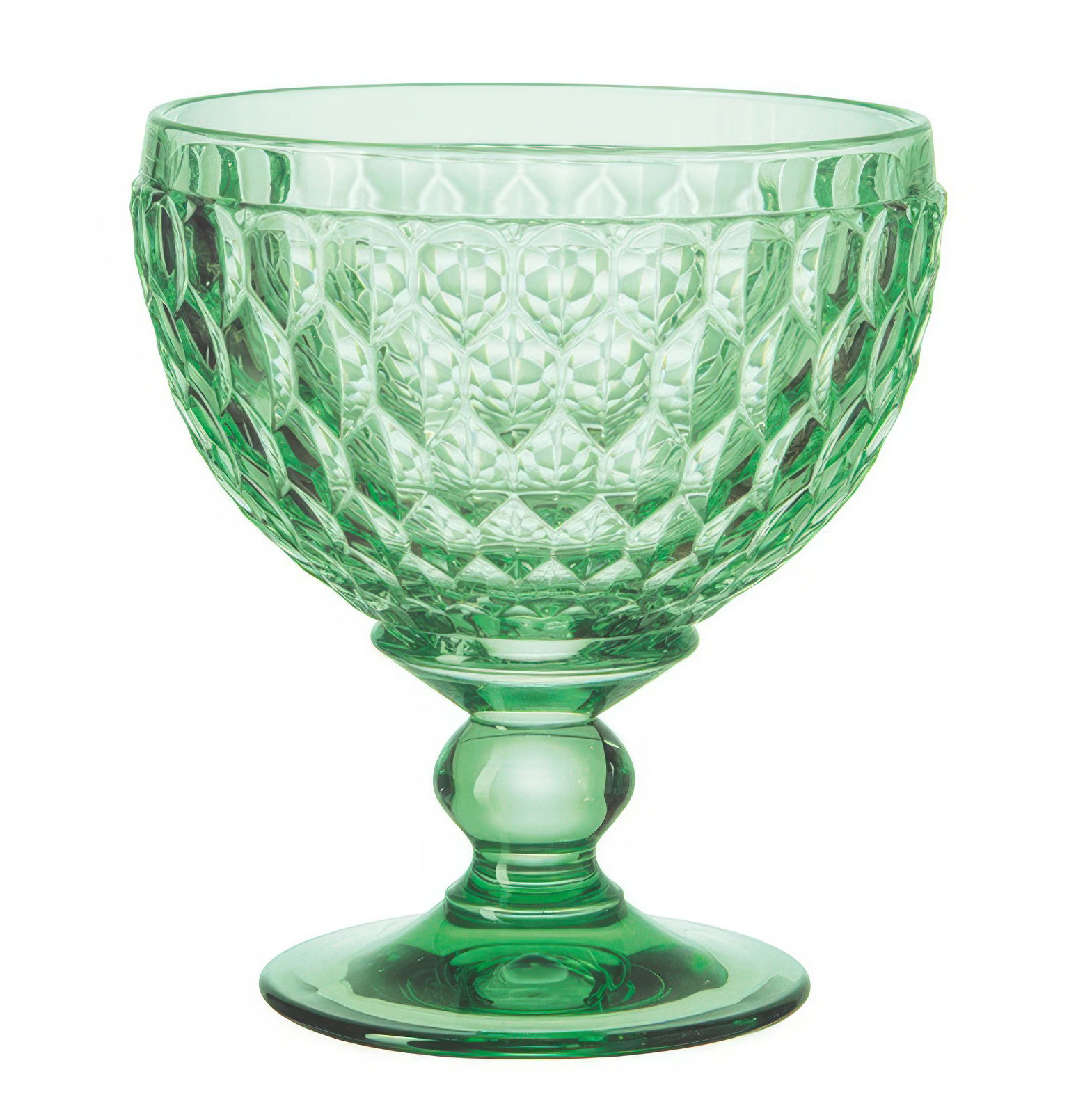 Grüner, gläserner Schalenbecher mit rautenförmigem Muster und einem stabilen Fuß.