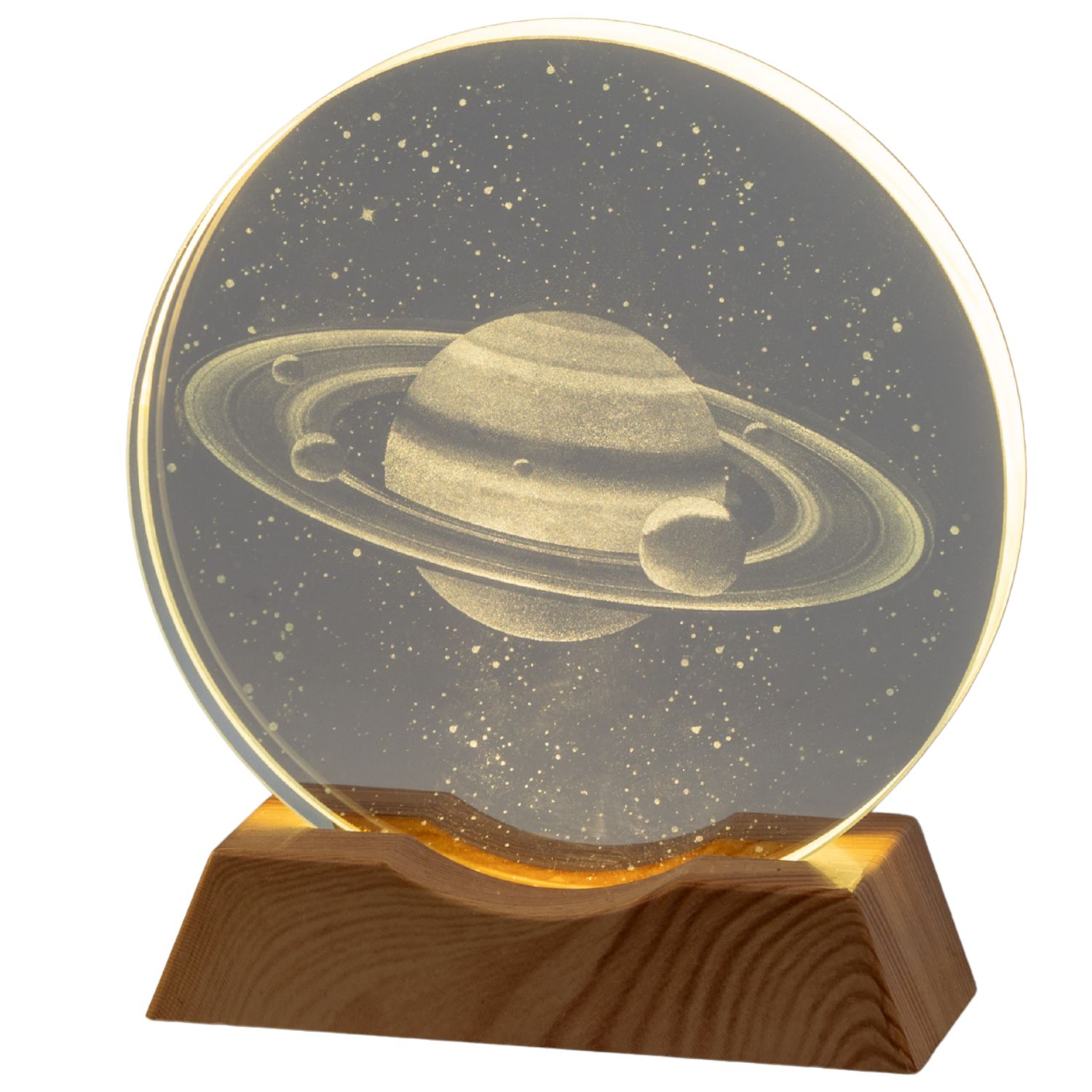 LED Deko Licht Kristalldiskus Scheibe Saturn H. 10cm Glas + Holz Formano