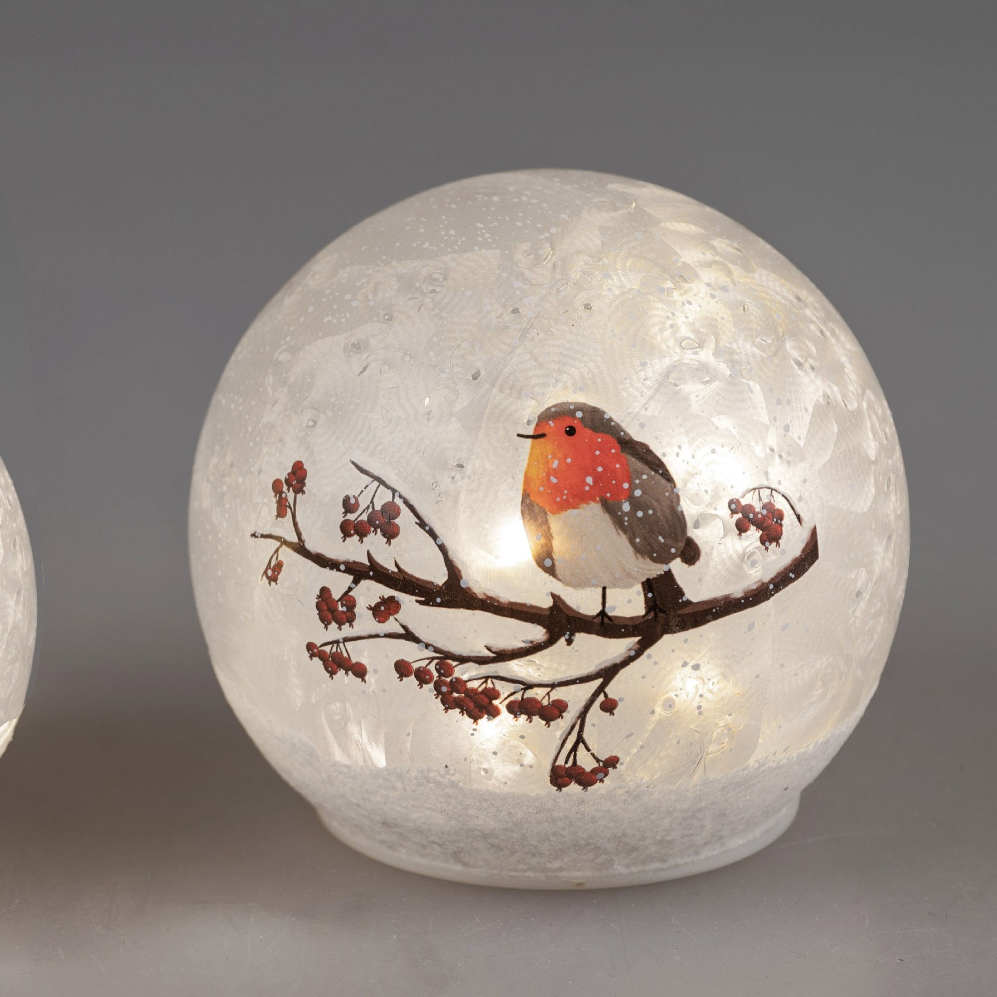 Eine runde Lampe aus Glas mit einem roten Vogel auf einem Ast, umgeben von kleinen roten Beeren. Der