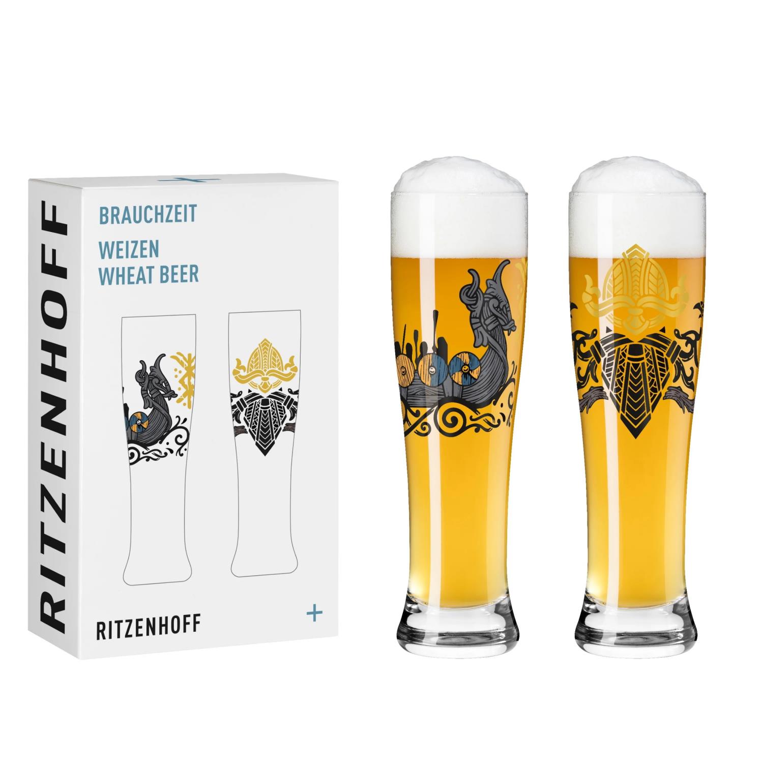Zwei hohe Gläser mit Weizenbier und Schaum, verziert mit grafischen Mustern. Daneben eine Verpackung mit zwei Abbildungen der Gläser.