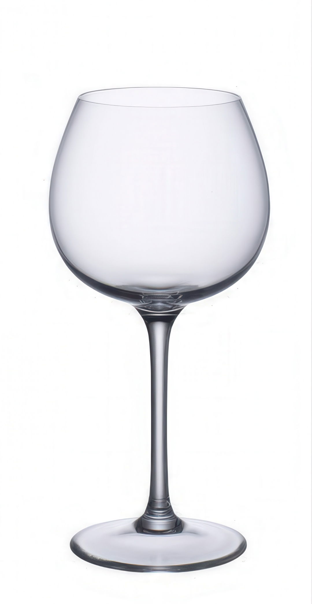 Ein transparenter Weinglas mit einer runden Schale und einem langen, schlanken Stiel auf einer flachen Basis.