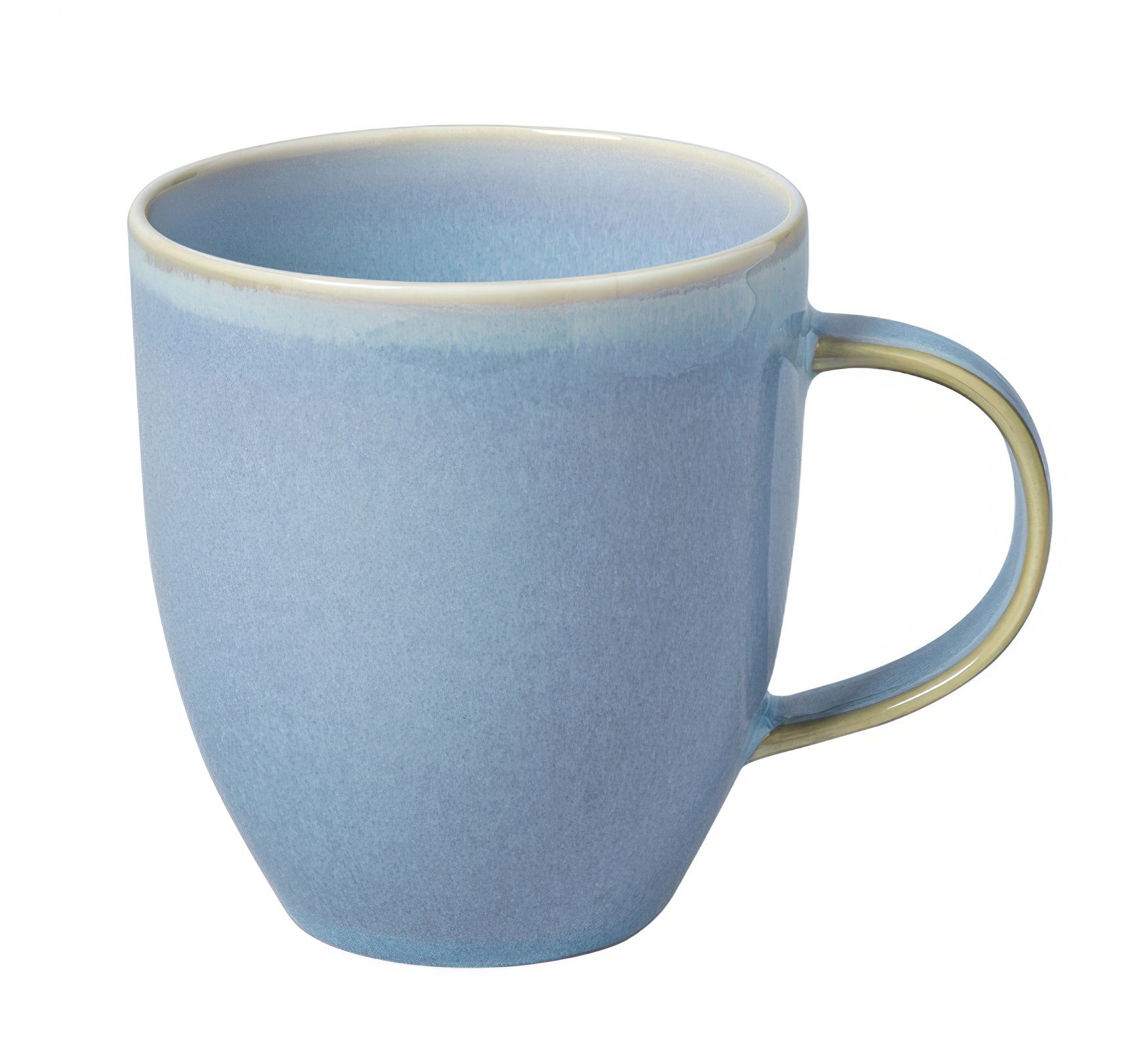 Blaue Keramiktasse mit einem Henkel, leicht konisch geformt und glatter Oberfläche. Innen ebenfalls blau.