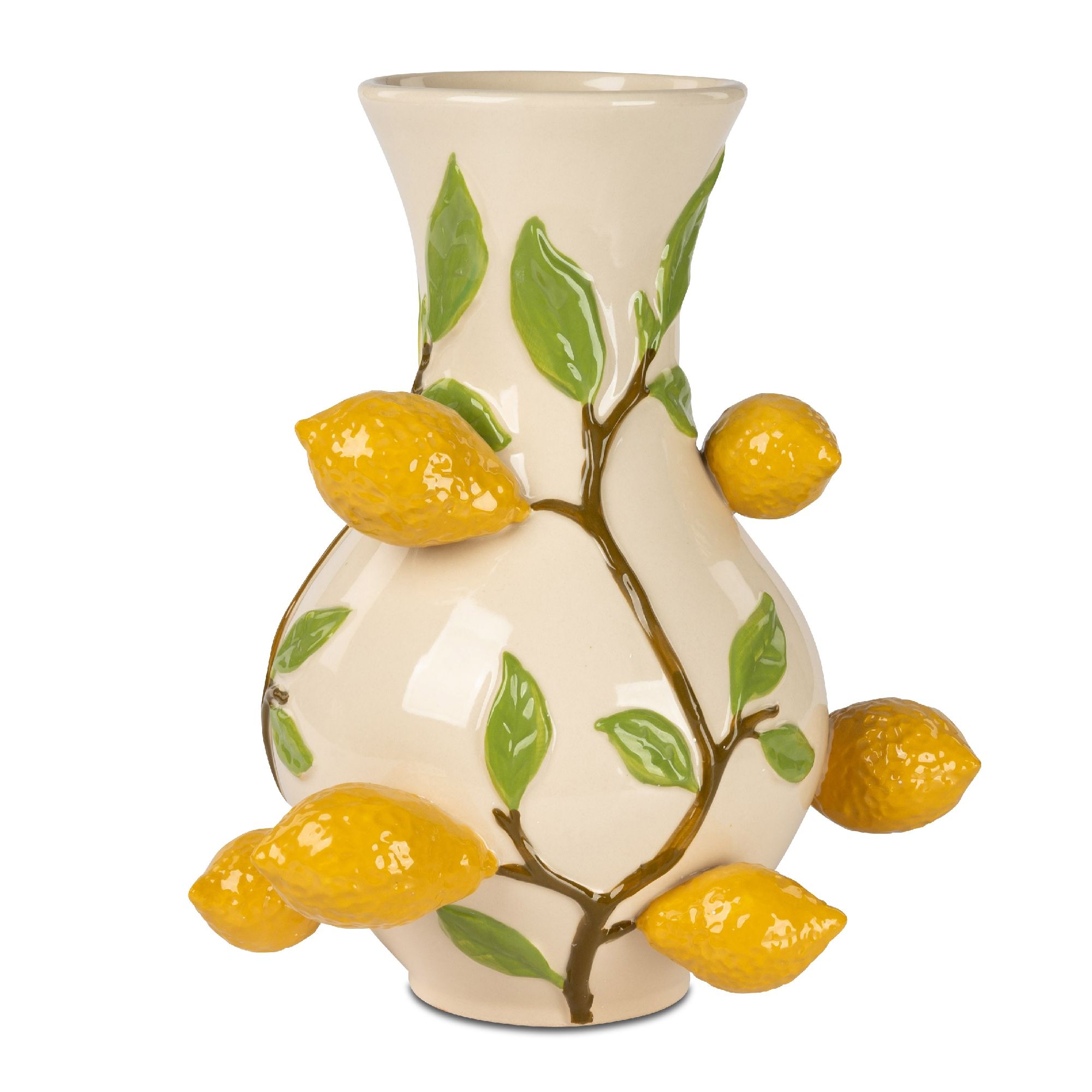 Eine cremefarbene Vase mit grünen Blättern und gelben Zitronen, die an der Oberfläche dekorativ angebracht sind.