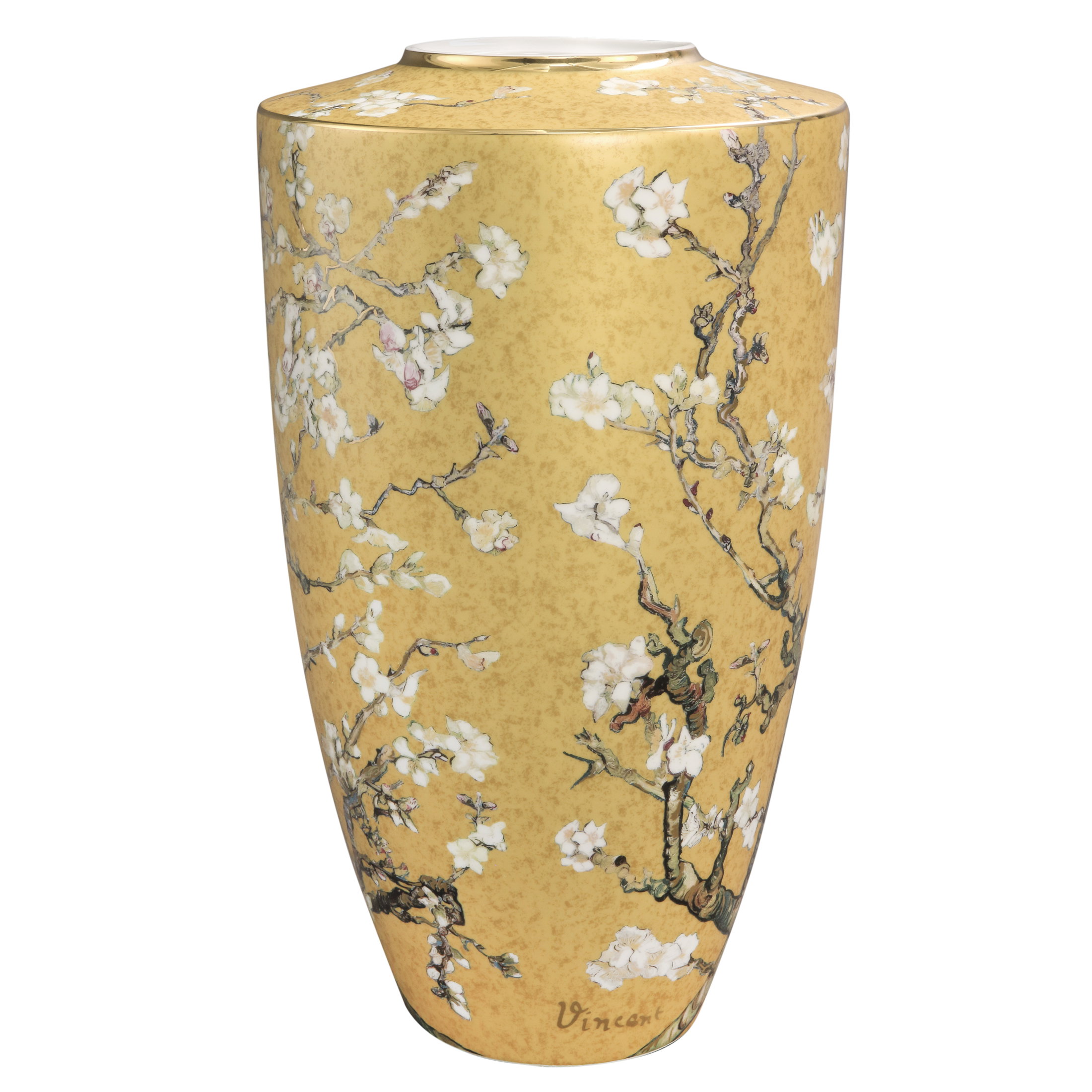 Vase mit gelbem Hintergrund, verziert mit blühenden Zweigen und weißen Blüten. Auf der Vorderseite ist eine Signatur sichtbar.