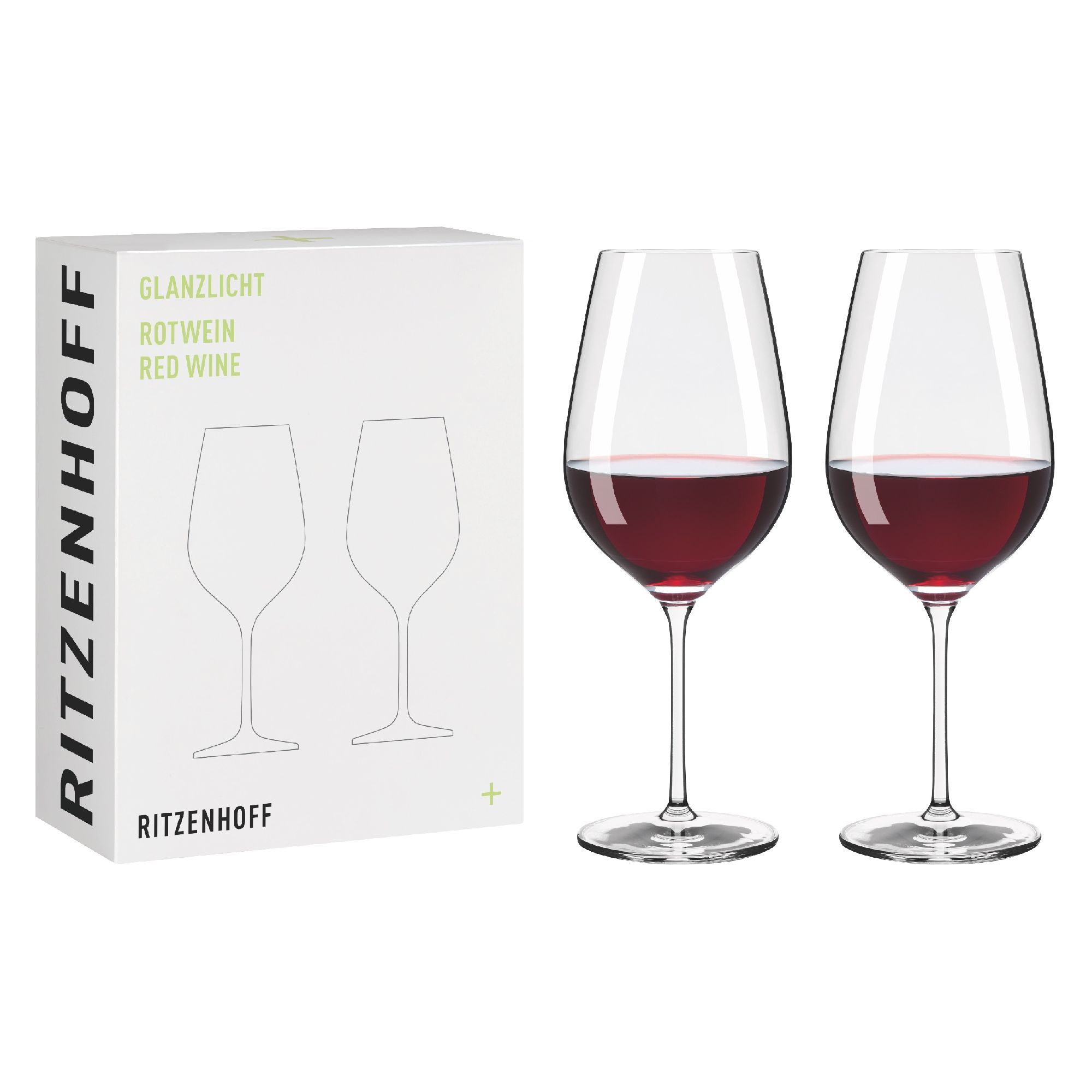 Zwei Rotweingläser mit rotem Inhalt stehen neben einer Verpackung mit minimalistischer Grafik und dem Schriftzug „Ritzenhoff“.
