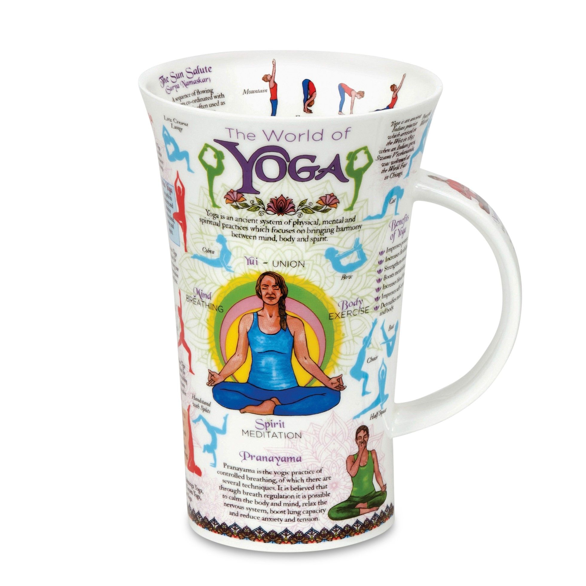 Tasse mit buntem Yoga-Motiv, zeigt verschiedene Yoga-Posen und Informationen zu Meditation und Atemtechniken.