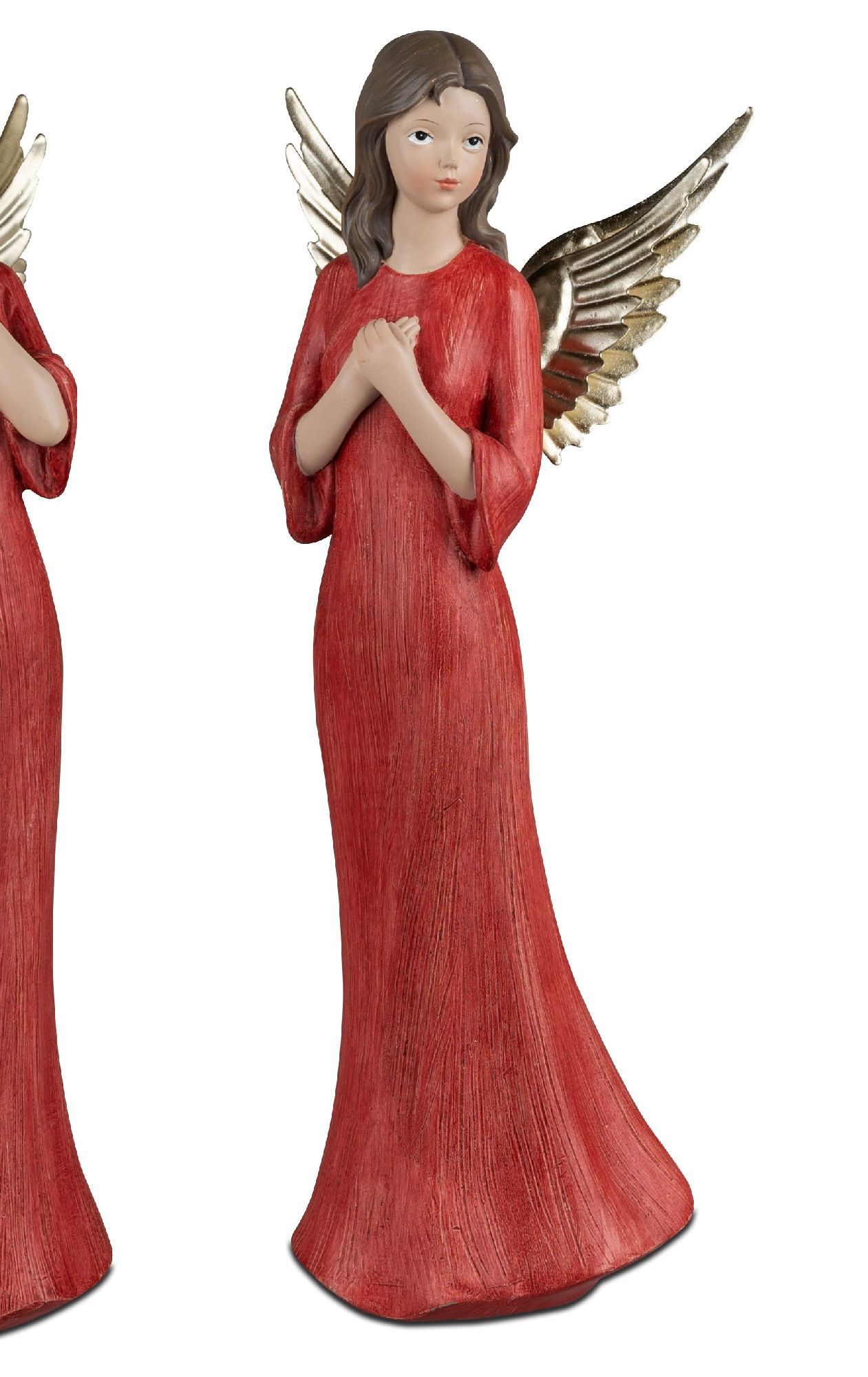 Eine figurative Darstellung eines Engels in rotem Kleid mit langen Ärmeln und goldenen Flügeln, die