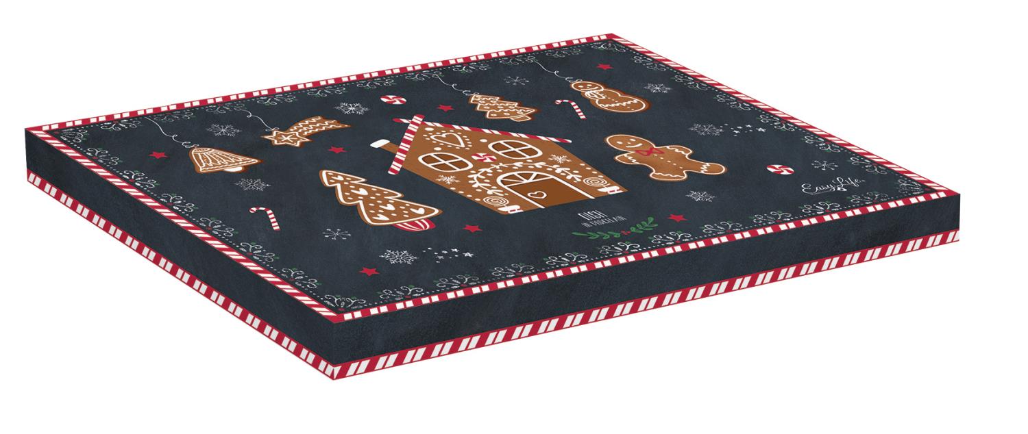 Geschenkverpackung mit weihnachtlichem Motiv: Lebkuchenhaus, Tannenbaum, Zuckerstangen und Schneeflocken auf dunklem Hintergrund.