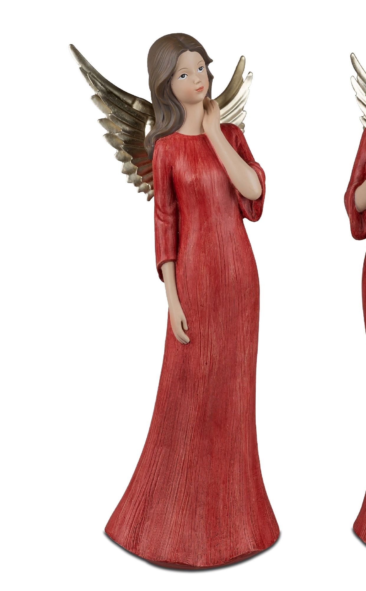 Eine figurative Darstellung eines Engels in rotem Kleid mit langen Ärmeln und goldenen Flügeln. Die