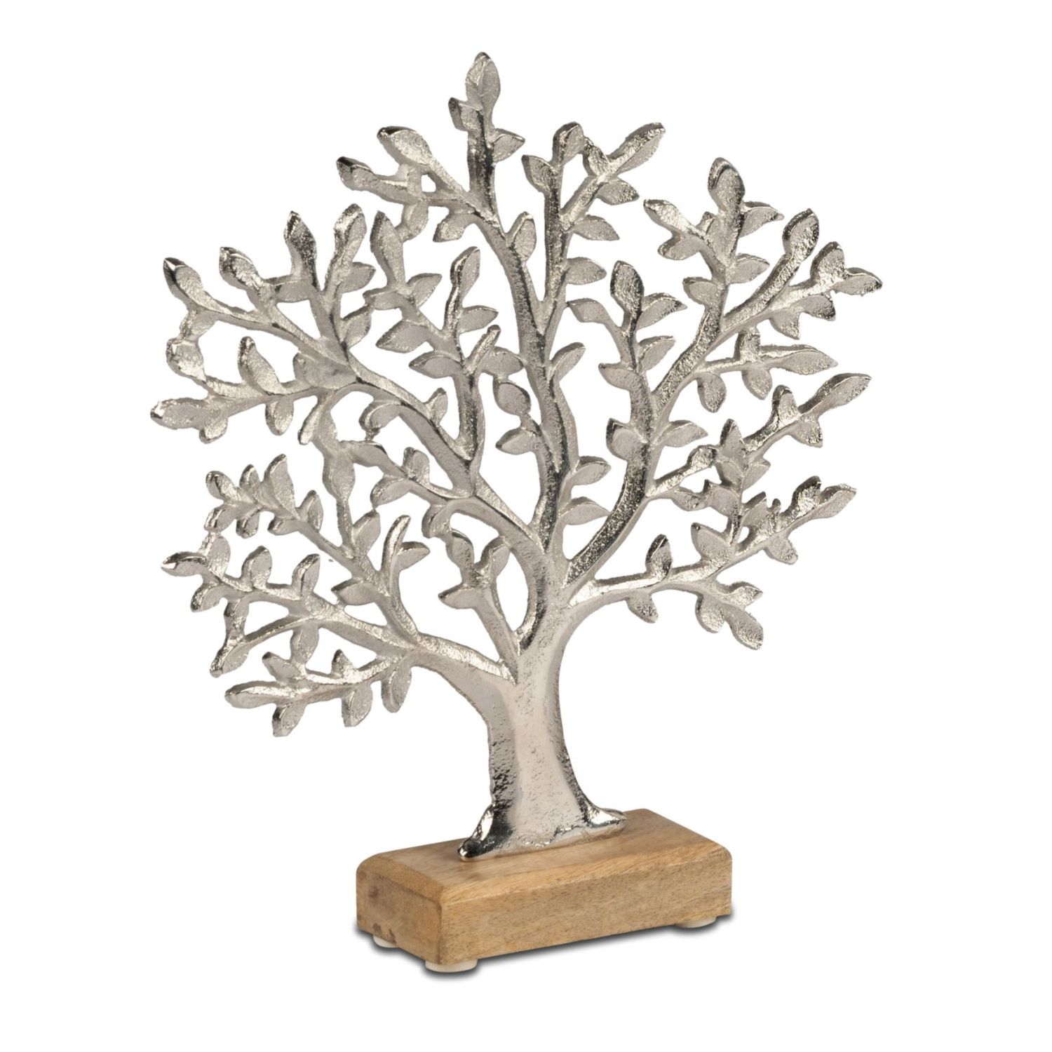 Metallener Baum mit vielen Zweigen auf kleinem Holzsockel vor weißem Hintergrund