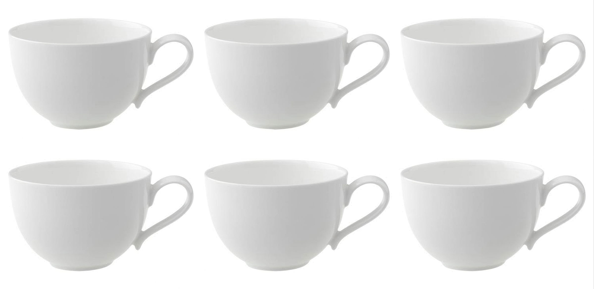 Sechs weiße Tassen aus Porzellan, drei oben und drei unten, alle mit einem Henkel.