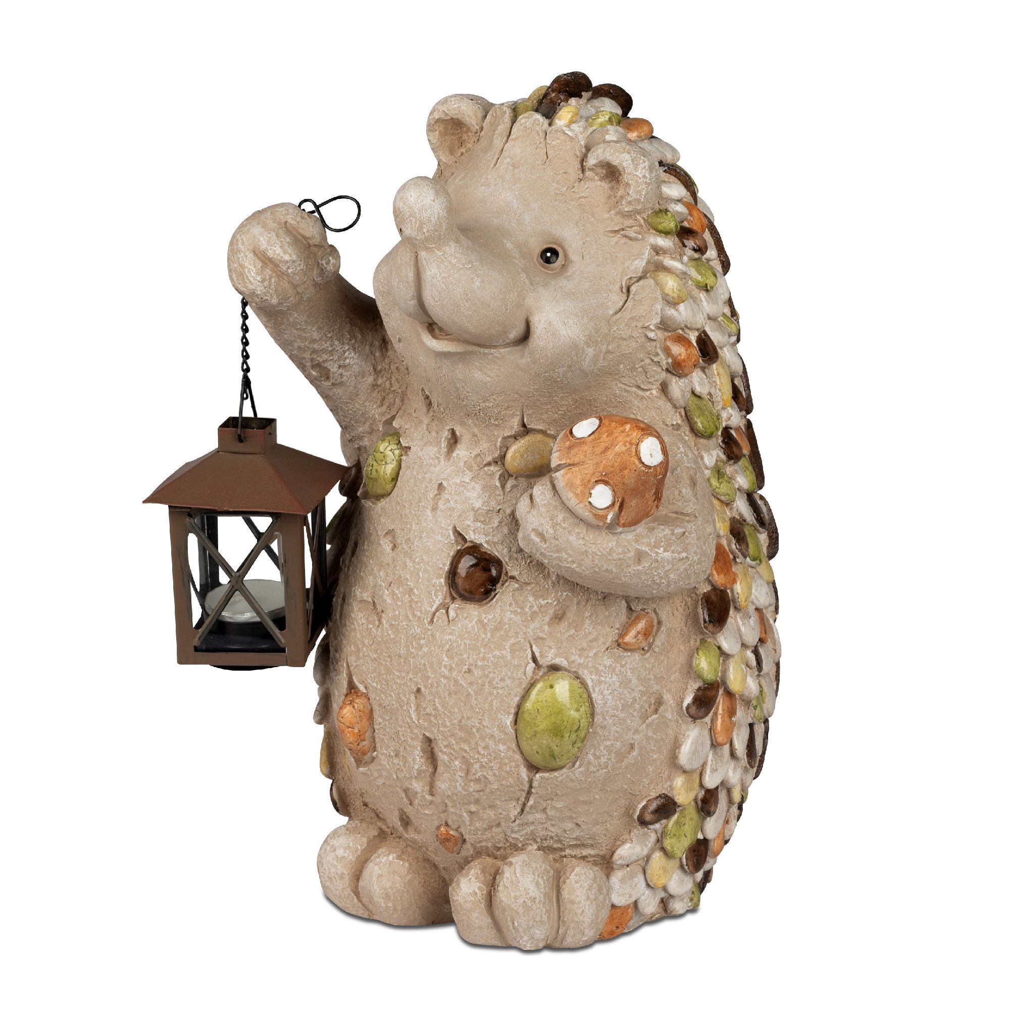 Eine dekorative Figur eines Igel mit einer Laterne in der Hand und einem Pilz in der anderen, verziert mit bunten Steinen.