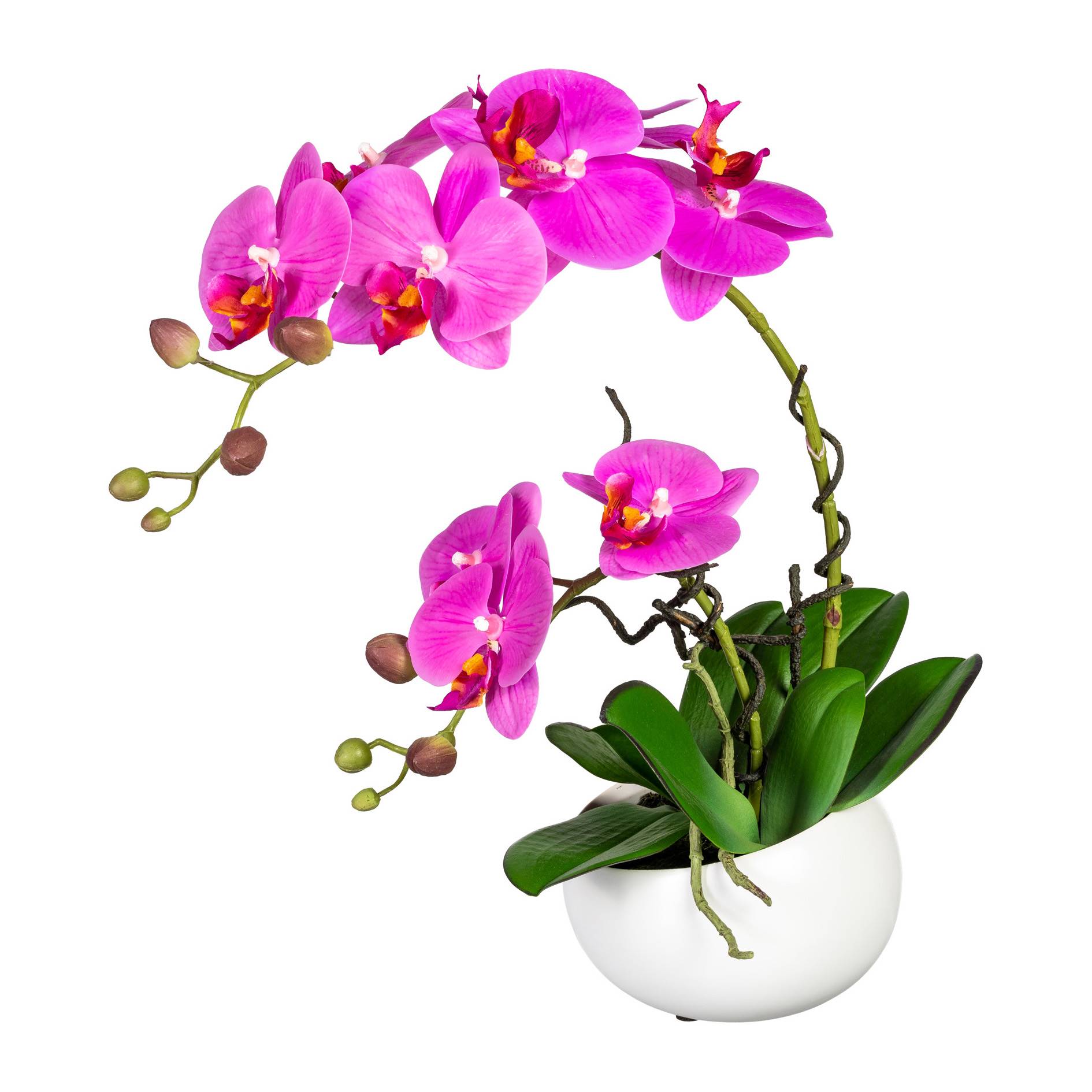 Eine rosafarbene künstliche Orchidee im weißen Topf.