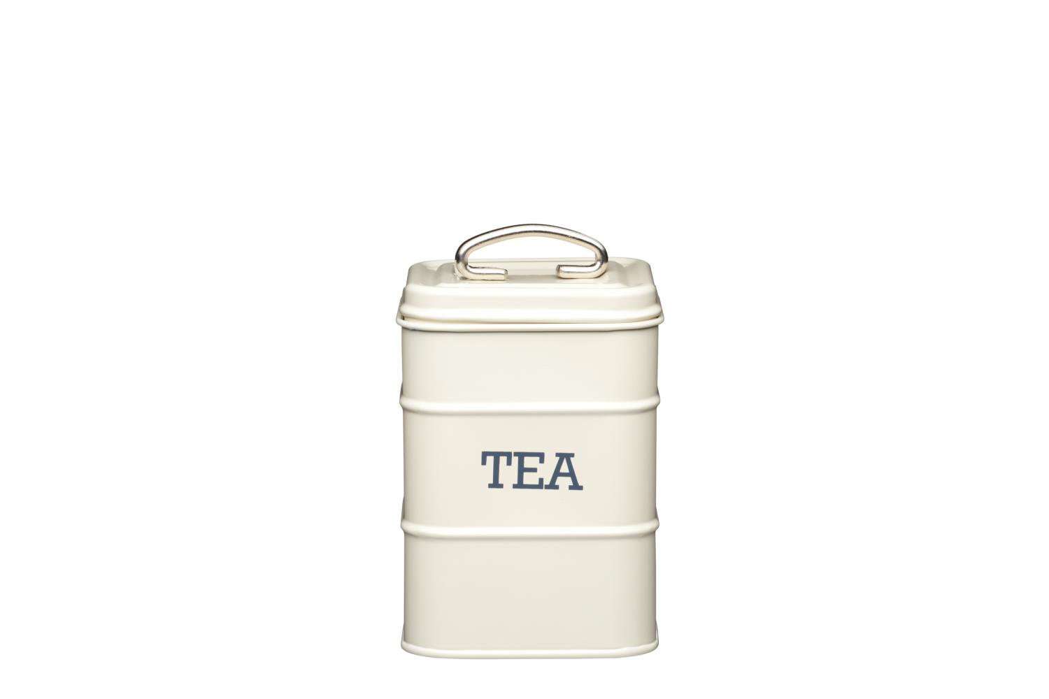 Weißer Teedose mit einem Deckel und einem Henkel, beschriftet mit dem Wort ""TEA"" in blauer Schrift