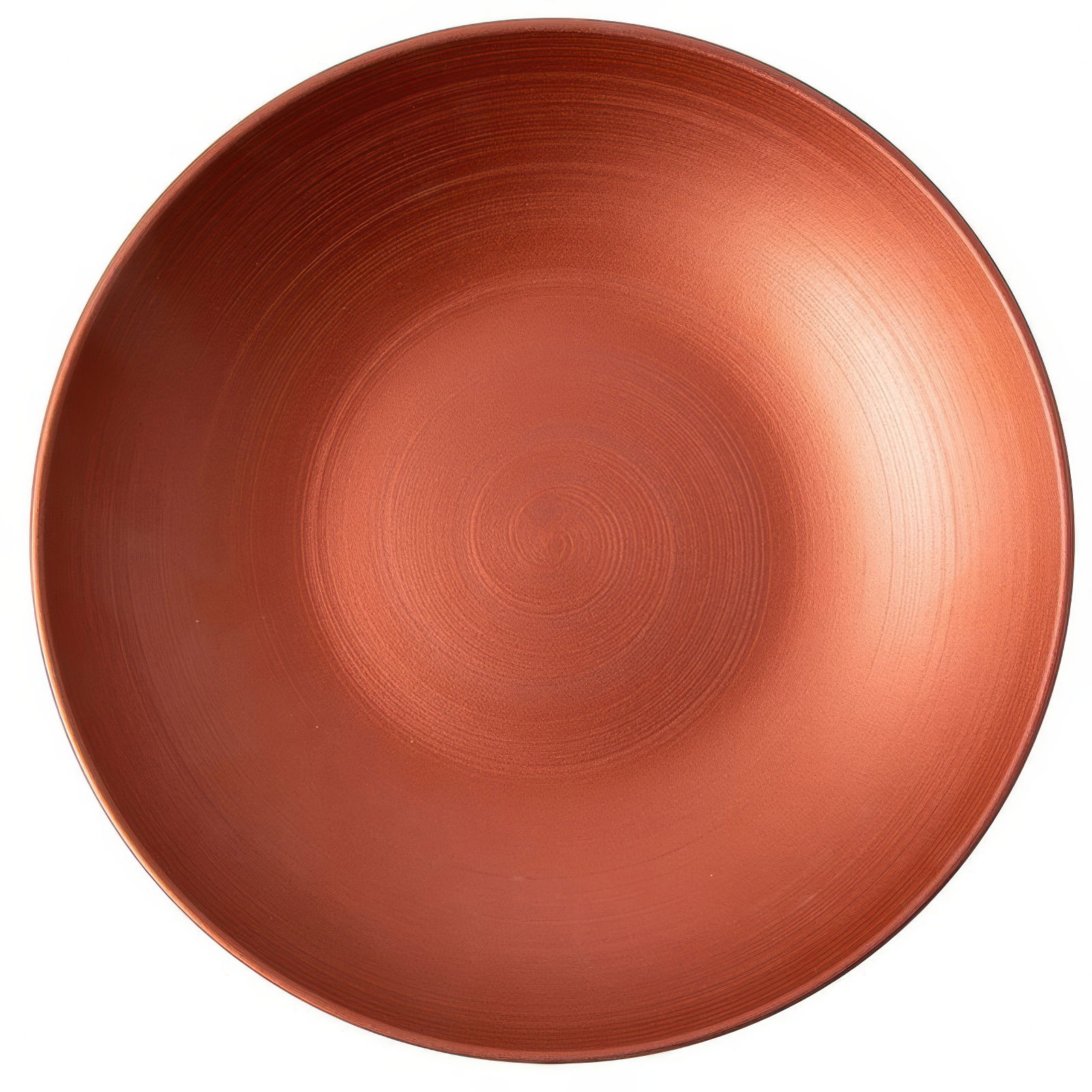 Runde, flache Schale in einem warmen Kupferton mit glatter Oberfläche und leicht glänzendem Finish.
