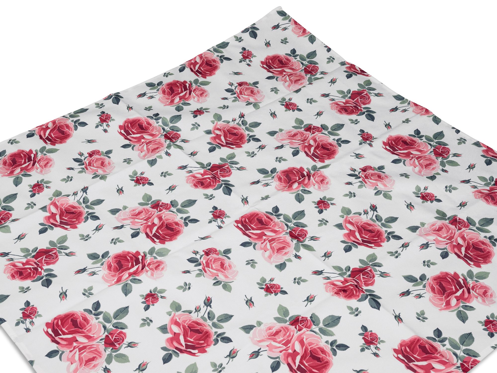 Muster mit roten Rosen und grünen Blättern auf weißem Hintergrund, gleichmäßig über die gesamte Fläche verteilt.