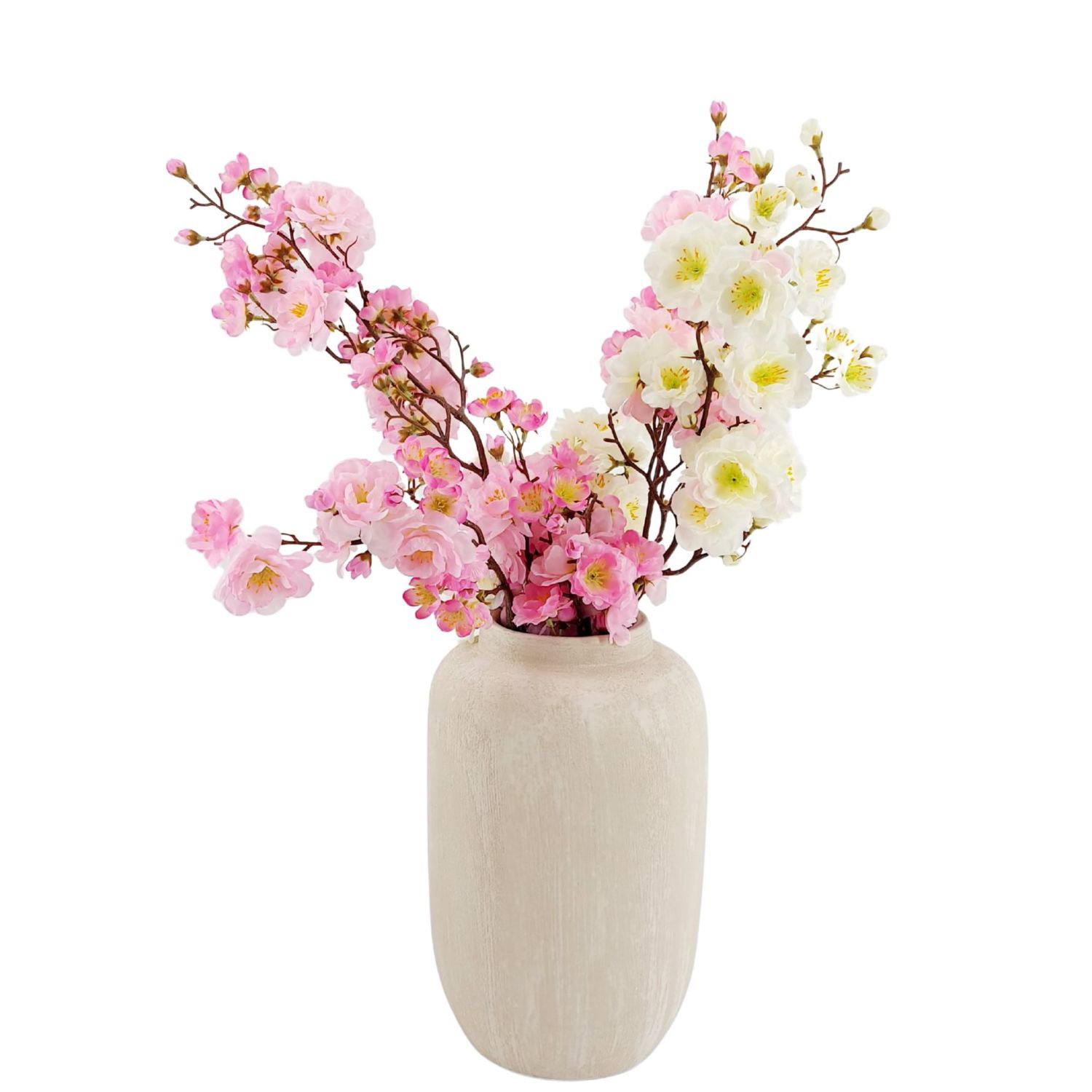 Vase mit rosa und weißen Blütenzweigen auf hellem Hintergrund