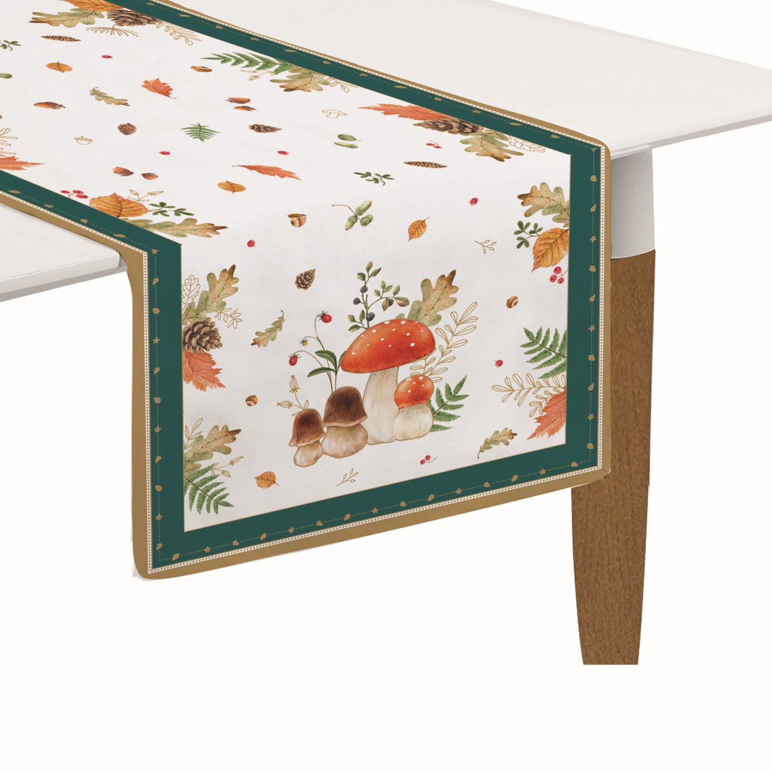 Tischläufer mit Pilzen und herbstlichen Blättern auf weißem Hintergrund