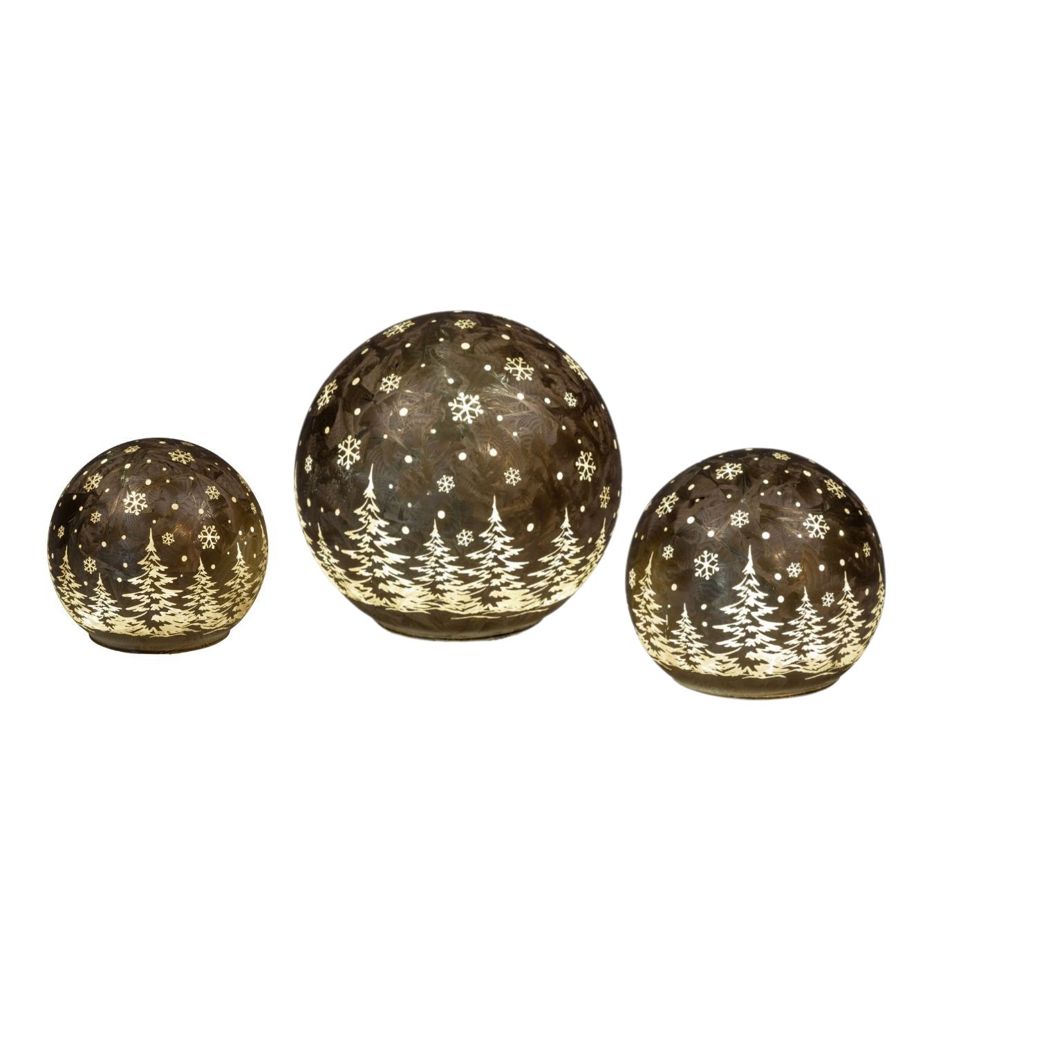 3er Set LED Deko Kugel FROSTY WINTERWALD braun au uf weißem Hintergrund