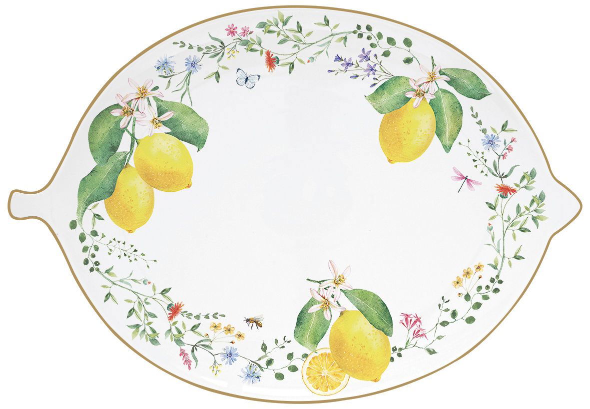 Ein ovales Tablett mit gelben Zitronen und bunten Blumenmotiven auf weißem Hintergrund. Goldene Umrandung.
