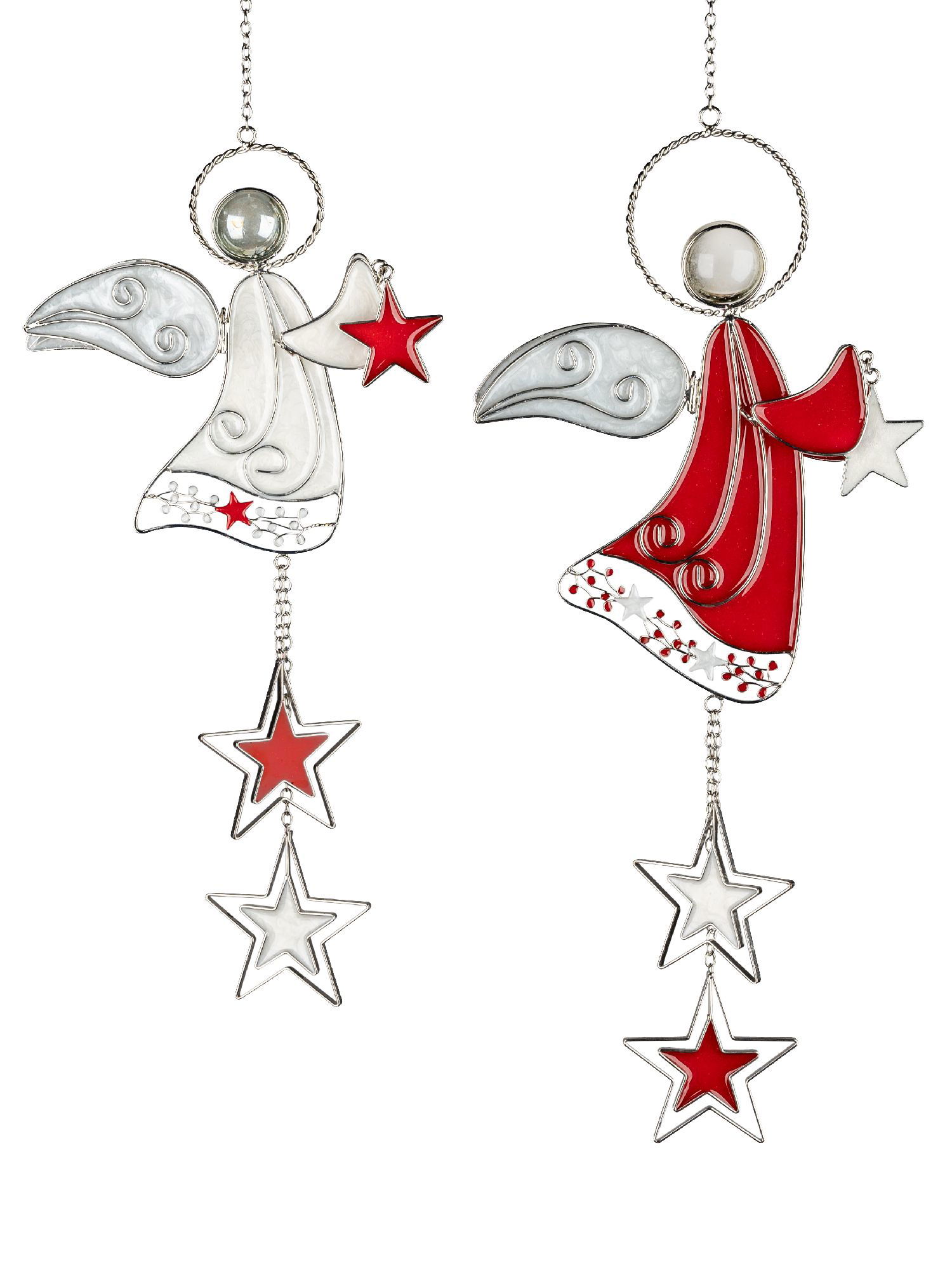 Zwei Engel aus Glas in Weiß und Rot, mit Sternen und Halos, hängen an einer Kette. Sie sind dekorati