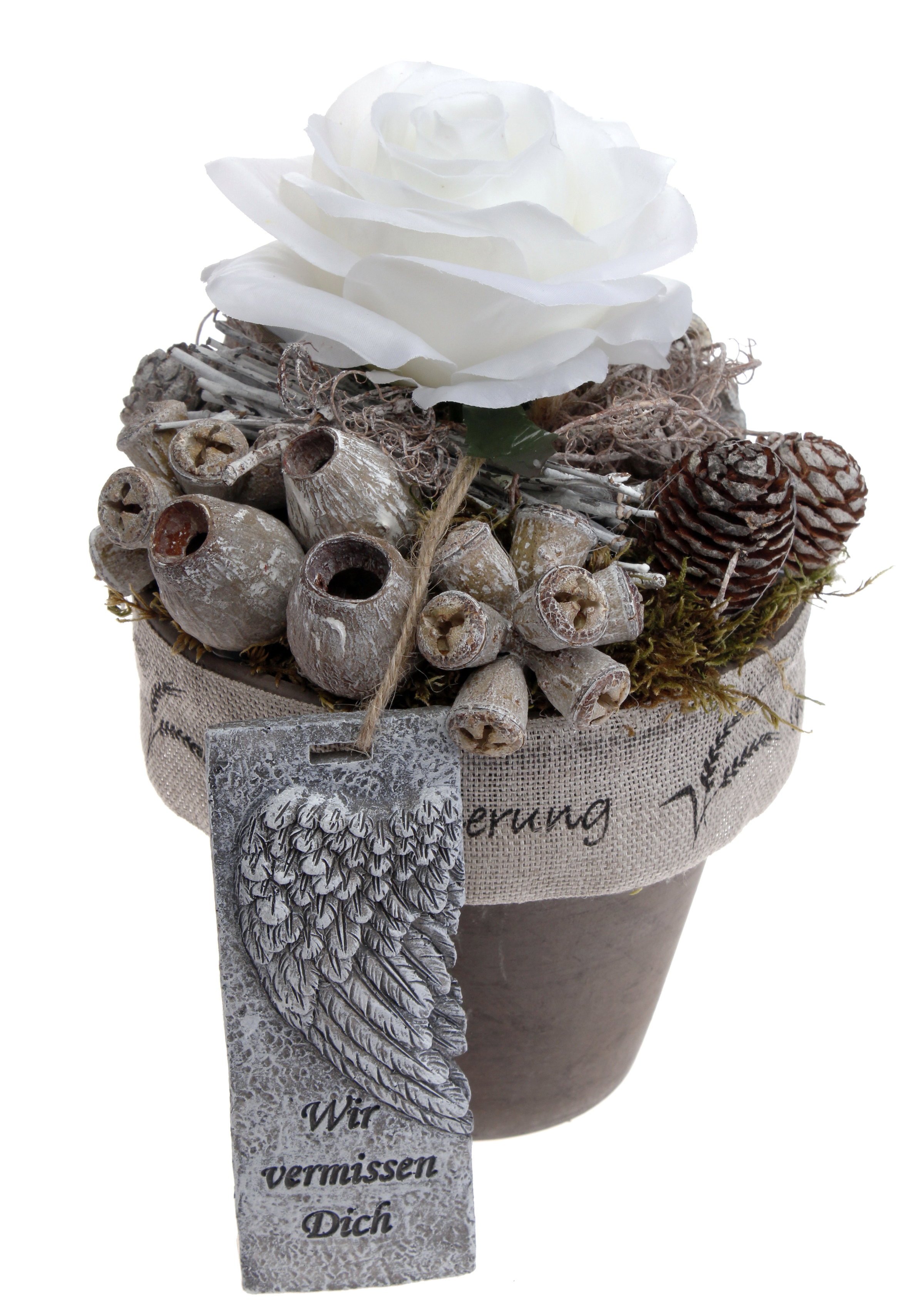 Grabschmuck Tontopf mit Wachsrose weiß, wetterfest CreaFlor Home